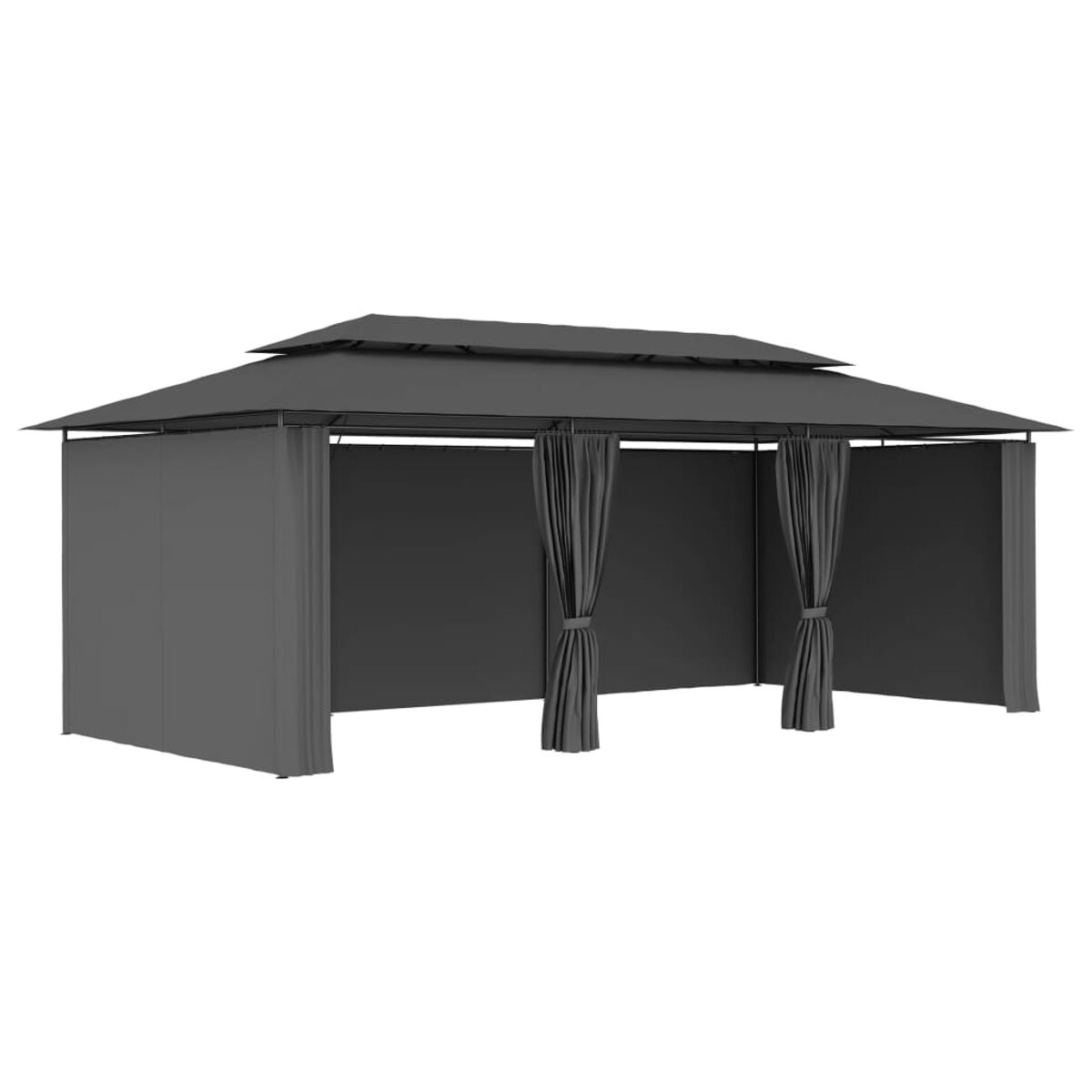 Ein grauer Pavillon mit Vorhängen. Es hat ein flaches Dach und feste Wände. Weißer Hintergrund.