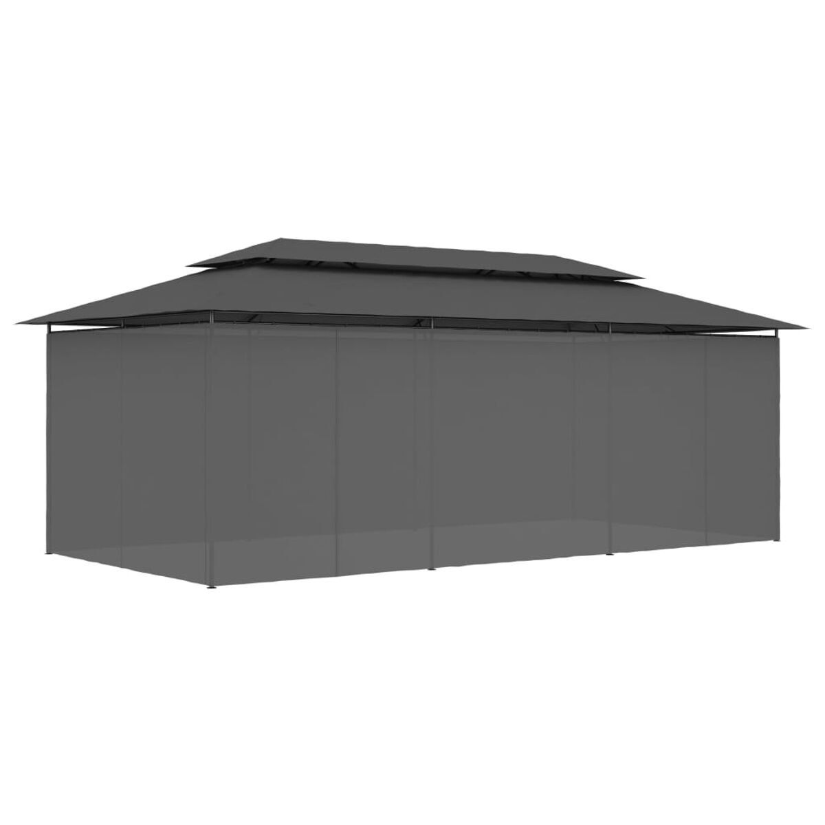Ein dunkelgrauer Pavillon mit Maschenwänden, mit Doppeldach, vor weißem Hintergrund.