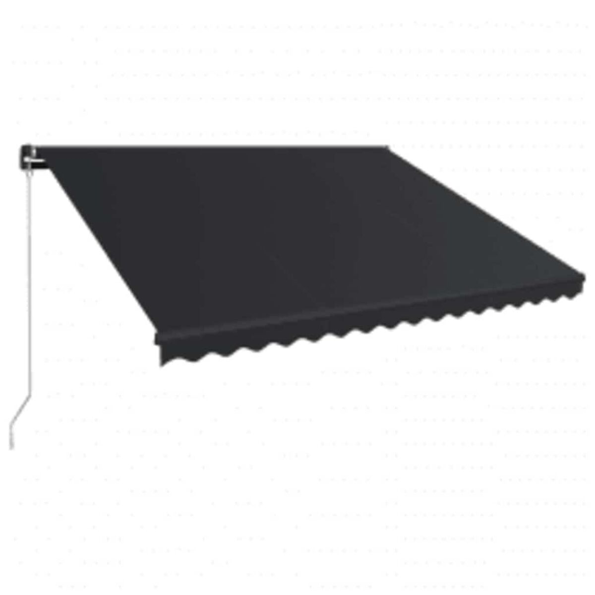 Schwarze Markise. Sie ist an einer weißen Wand montiert und hat einen gewellten Rand.