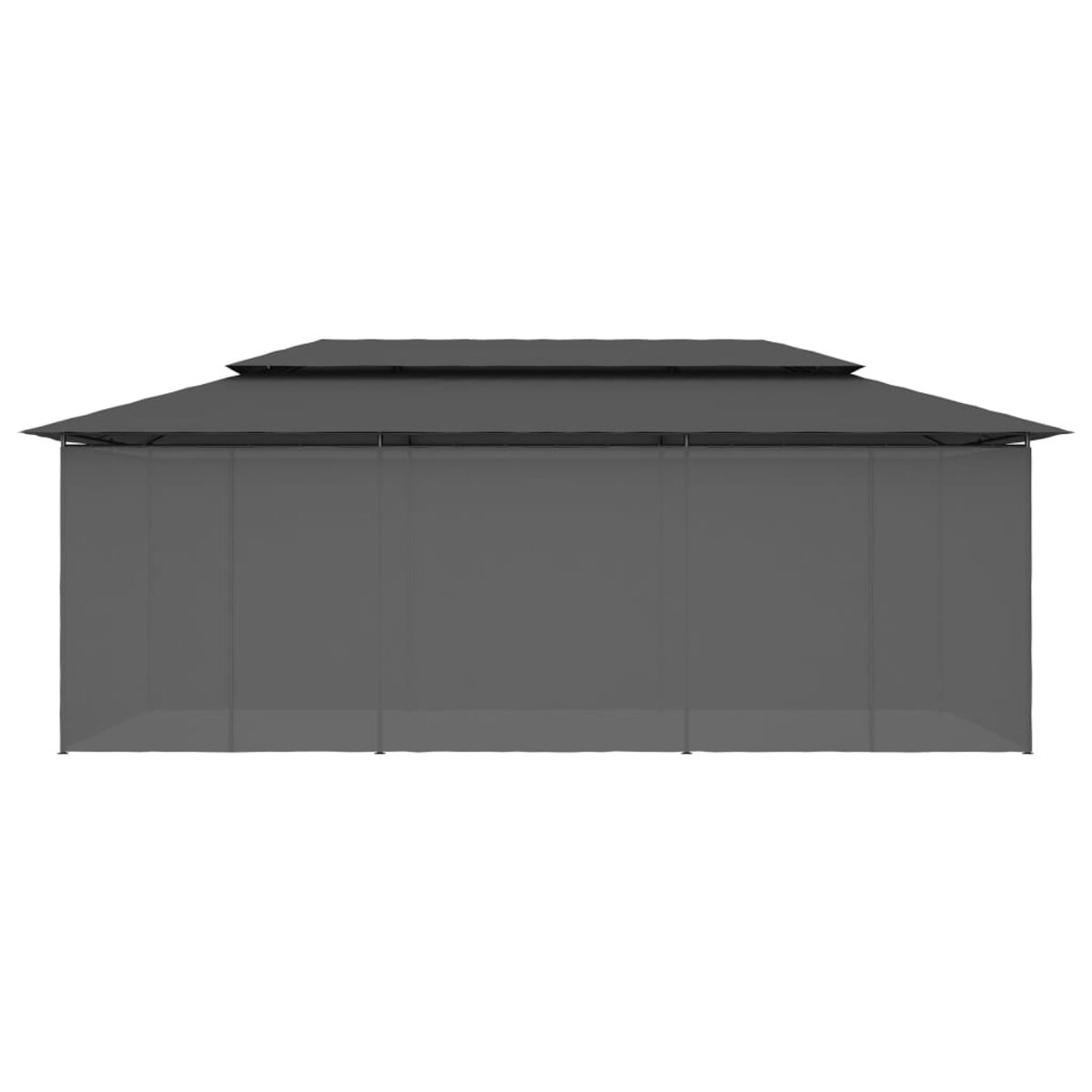 Ein grauer Pavillon mit vollständig umschlossenen Wänden und einem mehrschichtigen Dach. Die Wände sind einfarbig grau.
