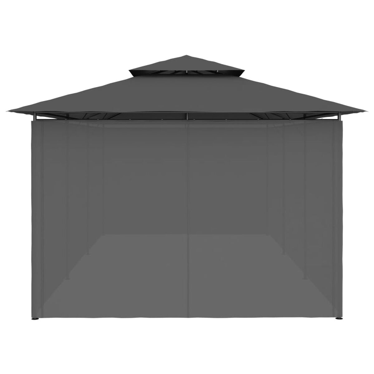 Grauer Pavillon mit dunkelgrauem Dach und Netzseiten. Weißer Hintergrund.