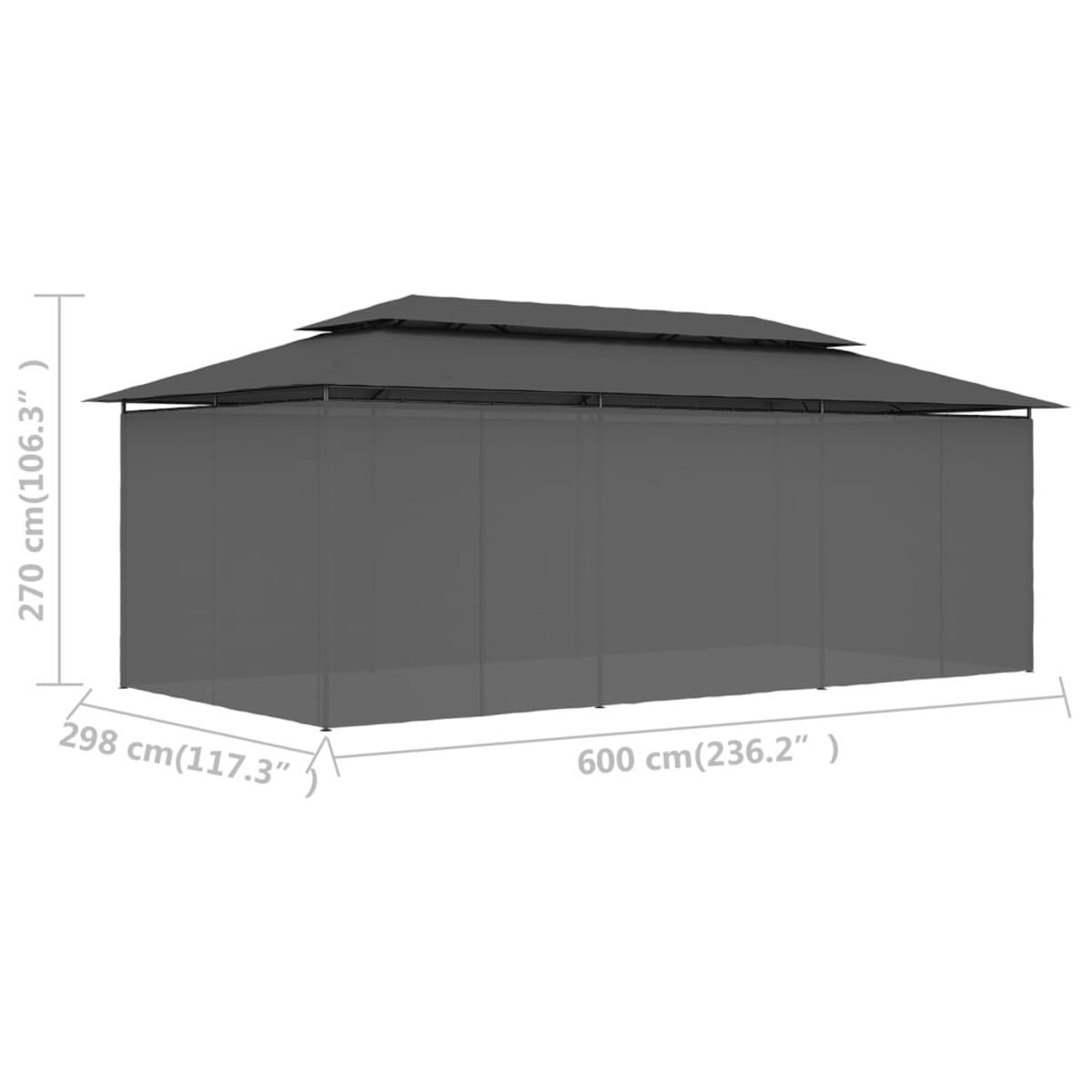 Grauer Pavillon mit Maßen. Mesh-Seiten, dunkler Rahmen und Dach. Weißer Hintergrund.
