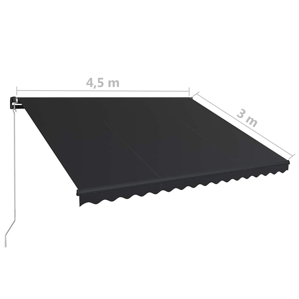 Ausgefahrene schwarze Markise. Maße: 4,5 Meter breit, 3 Meter Ausladung. An der Wand montiert, mit weißem Stützarm.