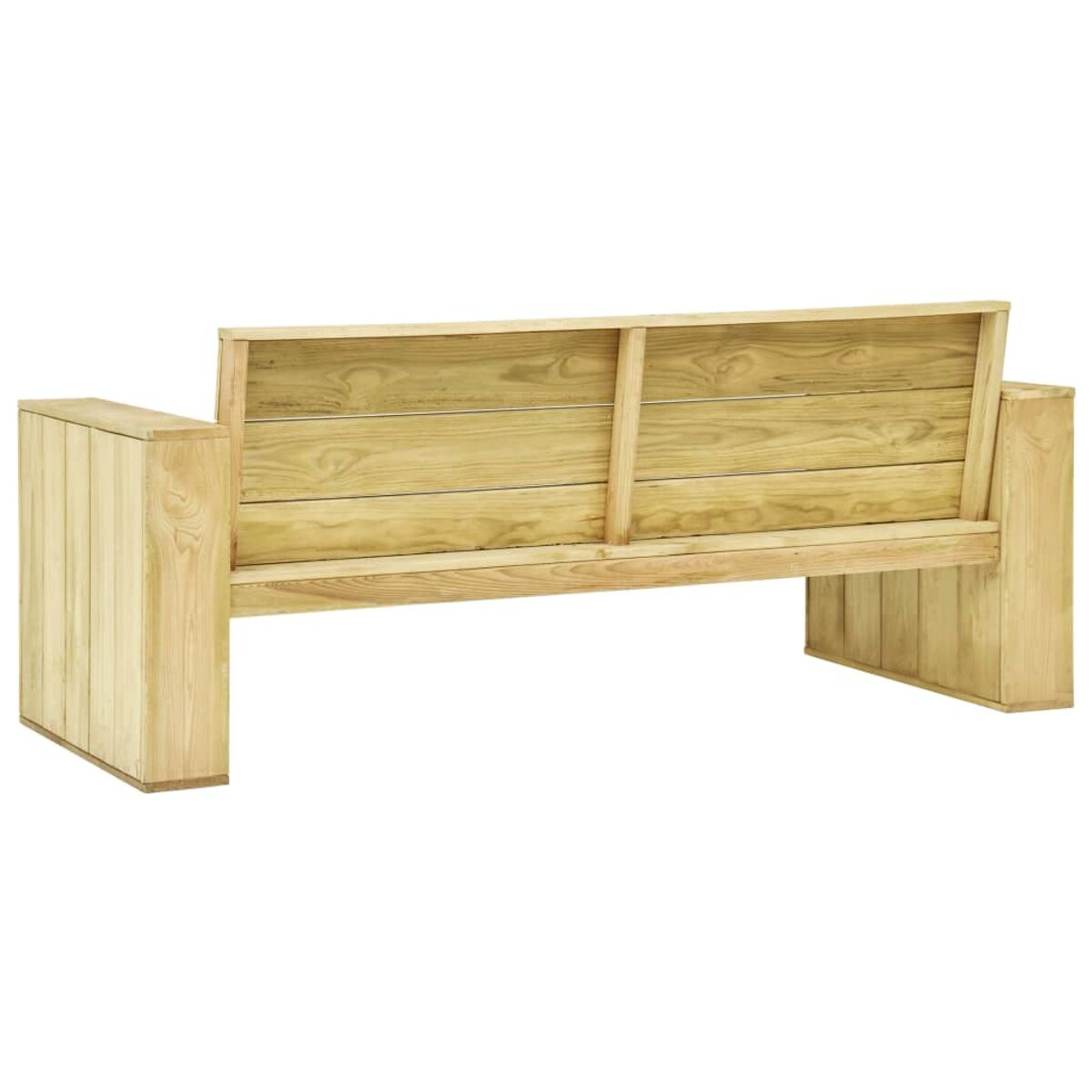 Holzbank mit hohem Rücken und Armlehnen. Hellbraune Farbe. Rücken aus Holzplanken.