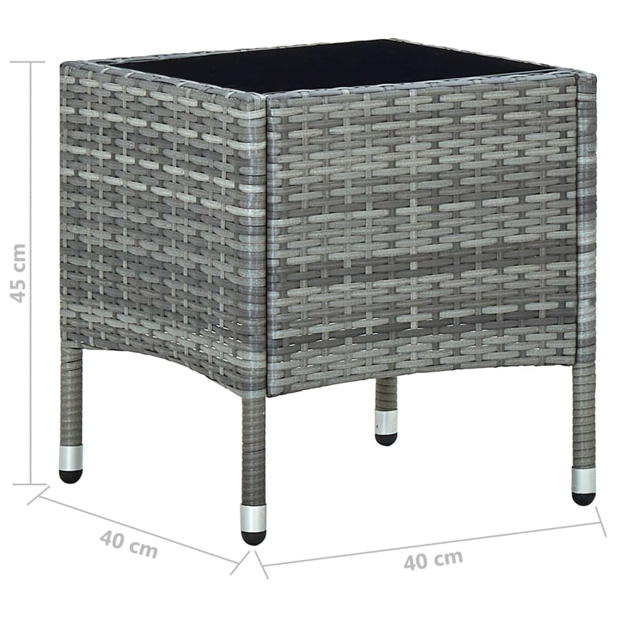 Grauer quadratischer Korbtisch mit schwarzer Platte, auf Metallbeinen.
