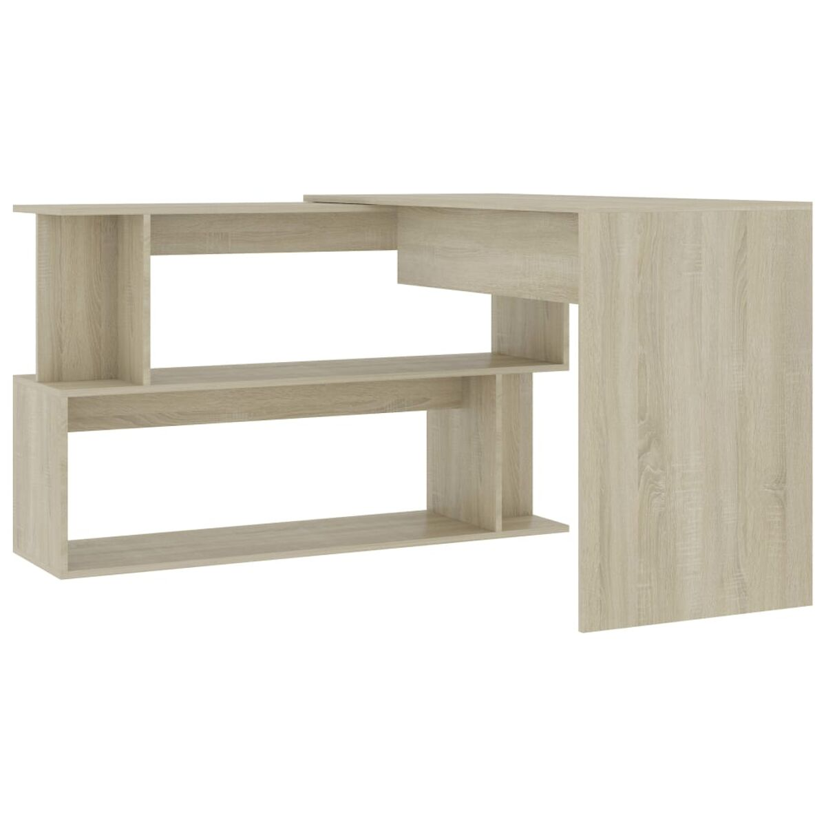 Holzschreibtisch mit Regalen, hellbraune Farbe, isoliert auf weißem Hintergrund.