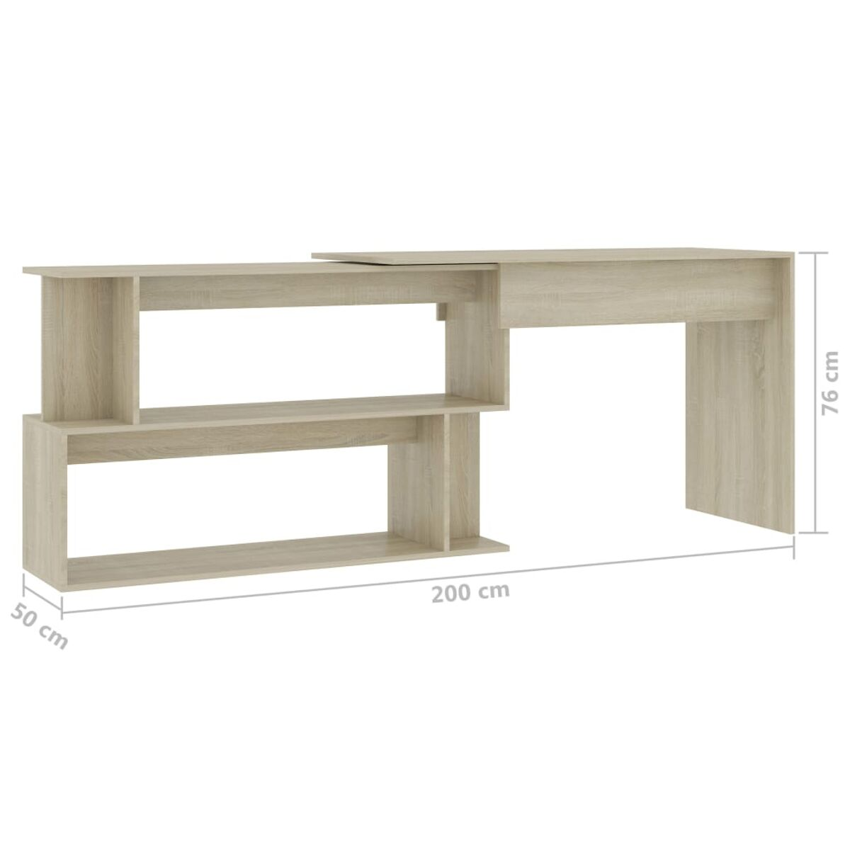 Ein helles Holzschreibtisch mit Regalen und Maßen: 200 cm lang, 76 cm hoch, 50 cm breit.