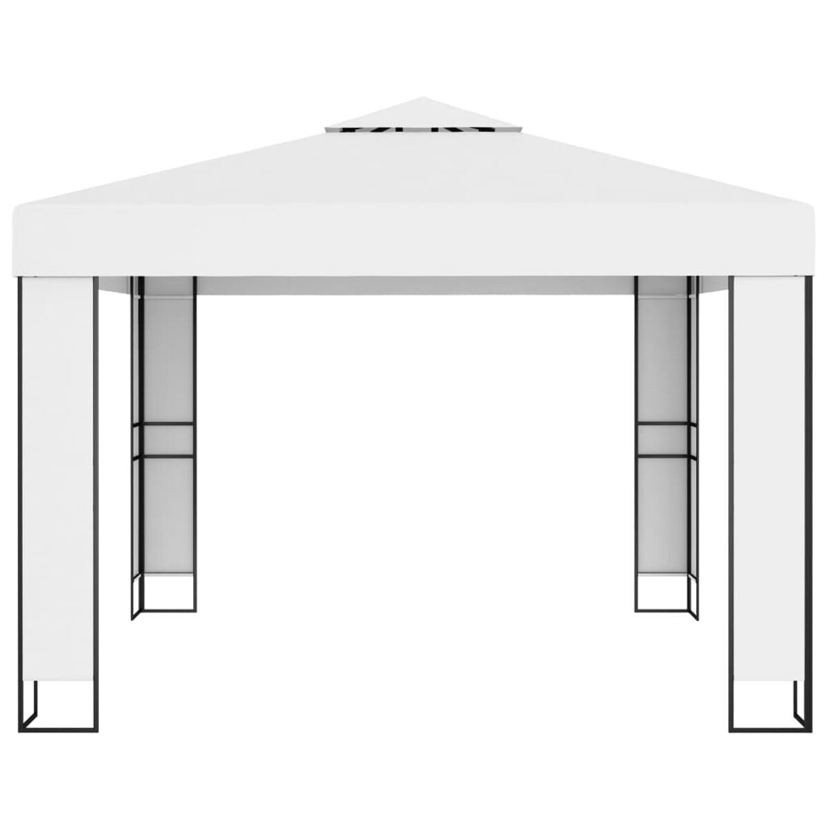 Ein weißer Pavillon mit weißem Dach und schwarzem Rahmen. Die Seiten haben weiße Paneele.