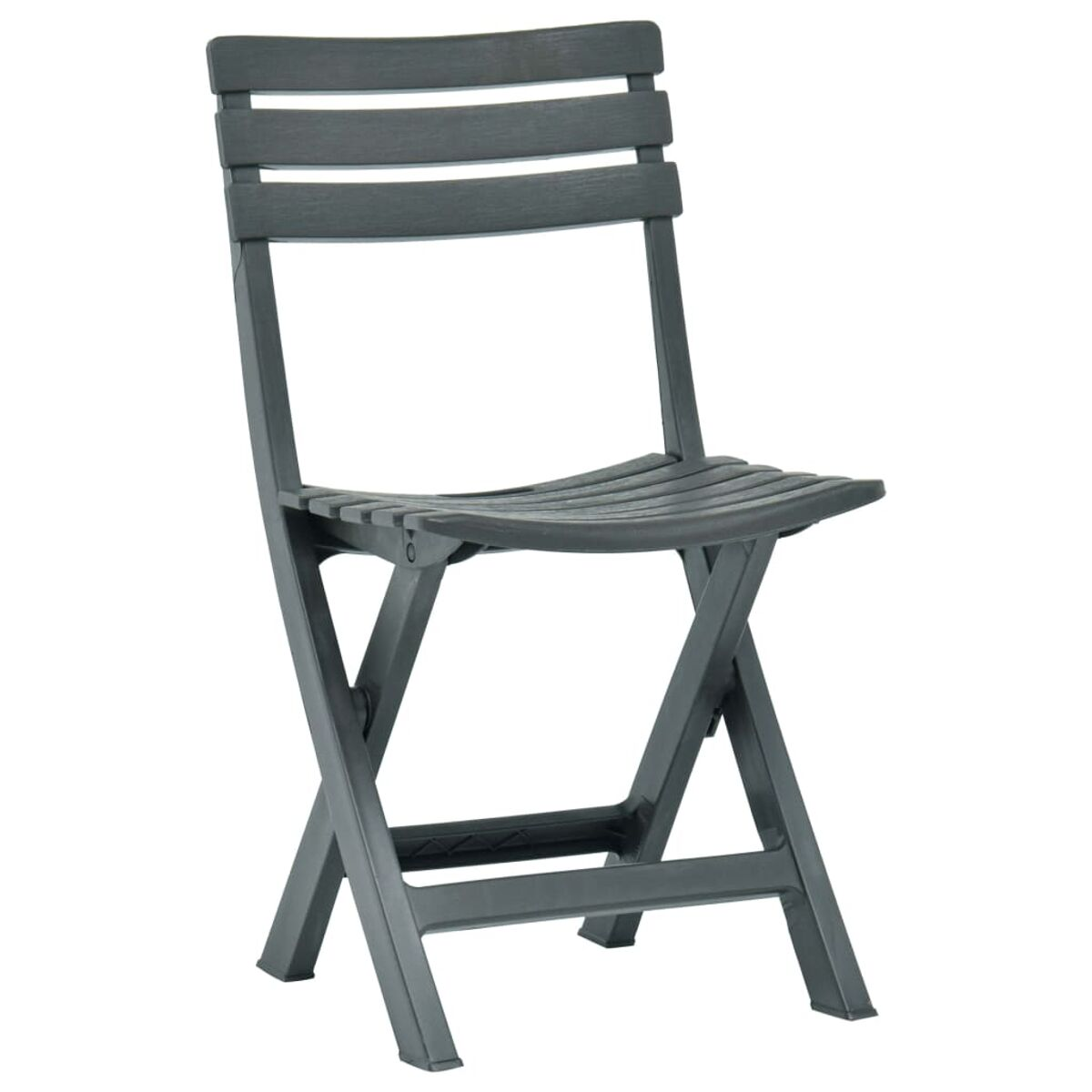 Grauer Klappstuhl aus Kunststoff. Einfaches Design mit drei horizontalen Rückenlehnen.