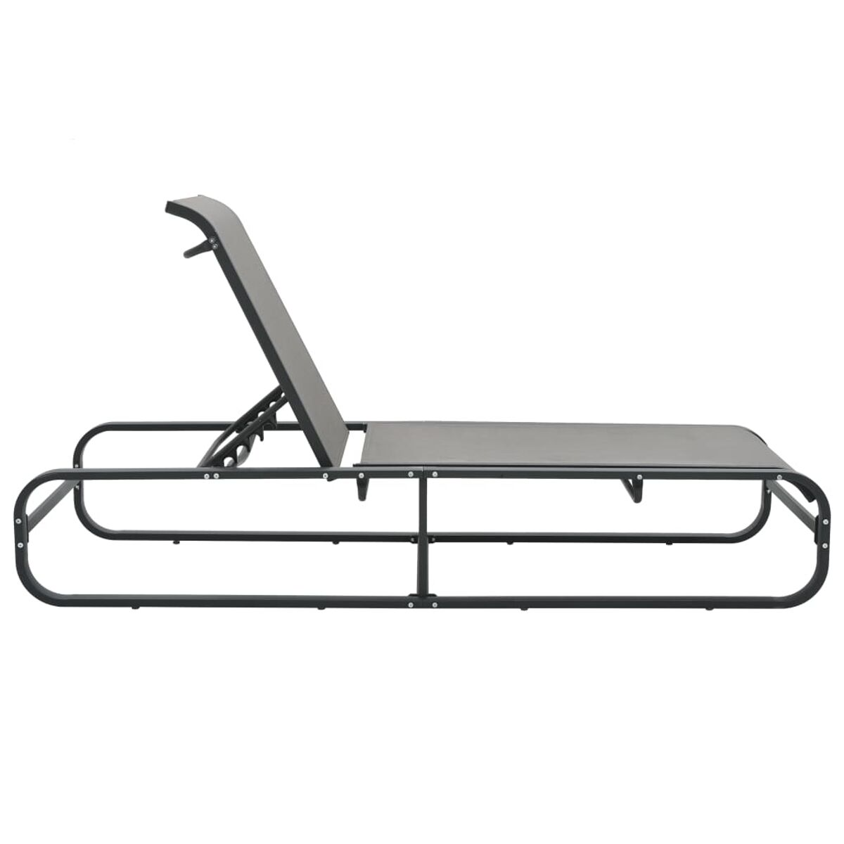 Schwarz-graue Chaiselongue. Mit gebogenem Rahmen, in Liegeposition.