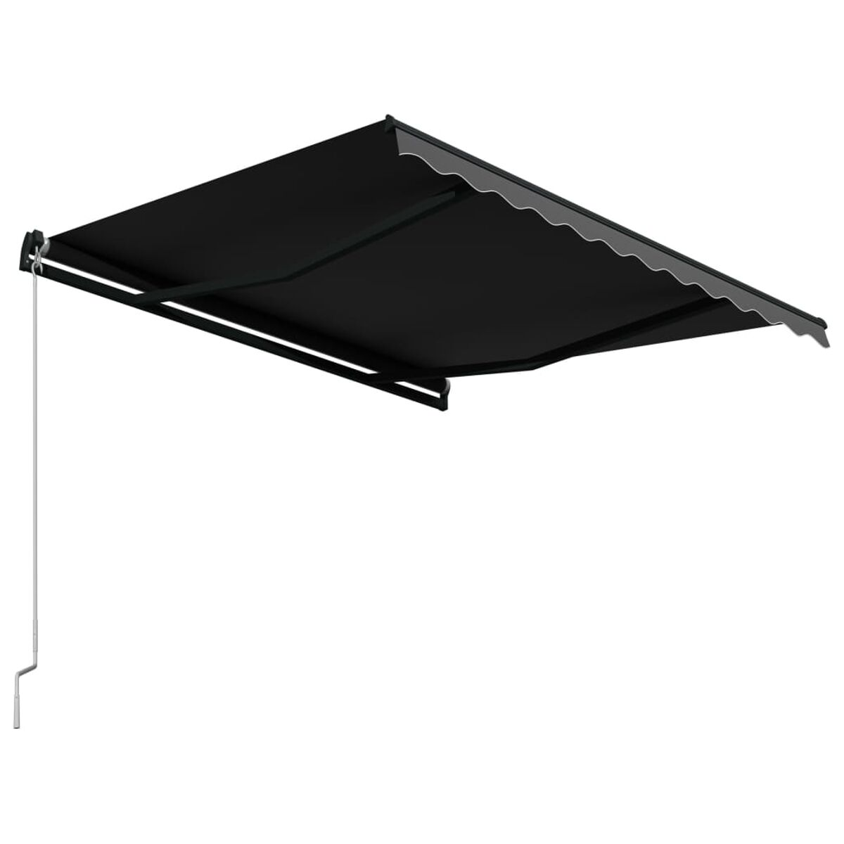 Schwarze Markise ausgefahren, an einer Wand montiert, mit weißer Schnur.