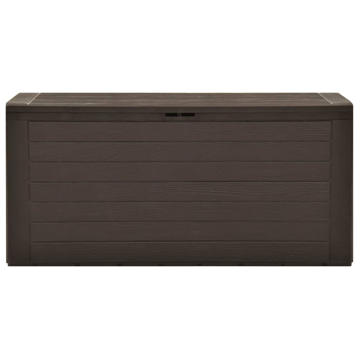 Eine braune Outdoor-Aufbewahrungsbox mit horizontalem Holzmaserungsdesign.