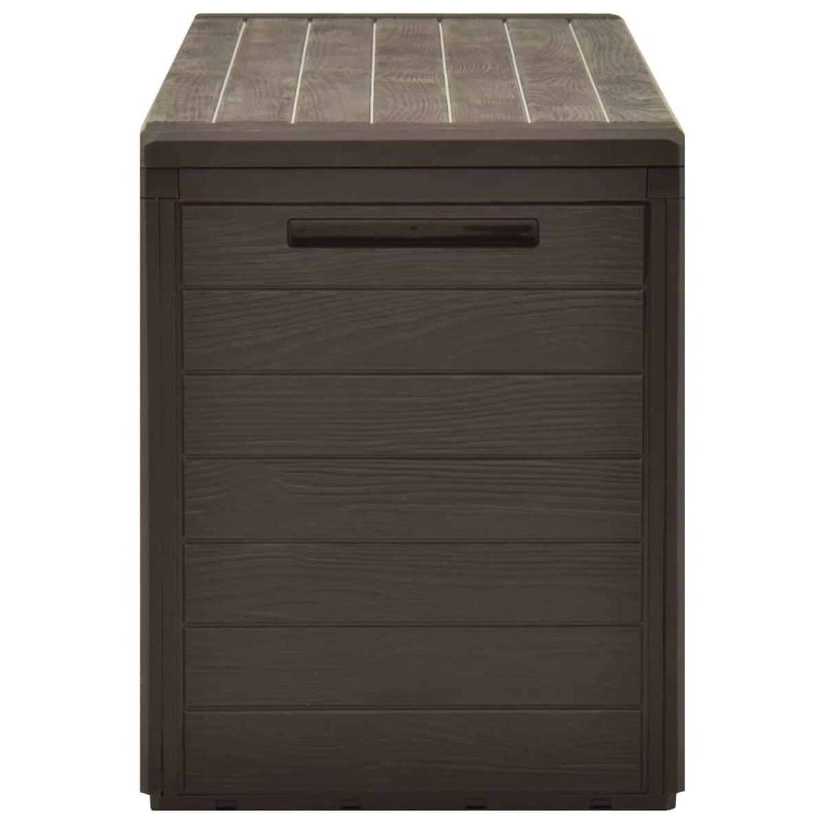 Eine braune Aufbewahrungsbox mit Griff an der Vorderseite, aus holzähnlichem Kunststoff.