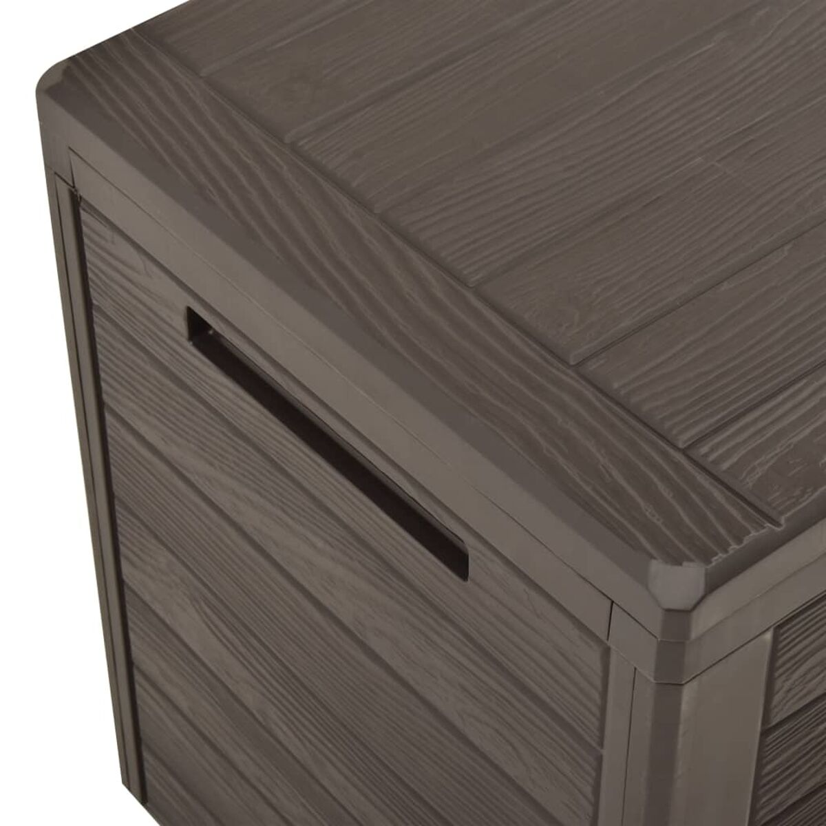 Nahaufnahme einer dunkelbraunen Aufbewahrungsbox mit strukturierter Holzmaserung.