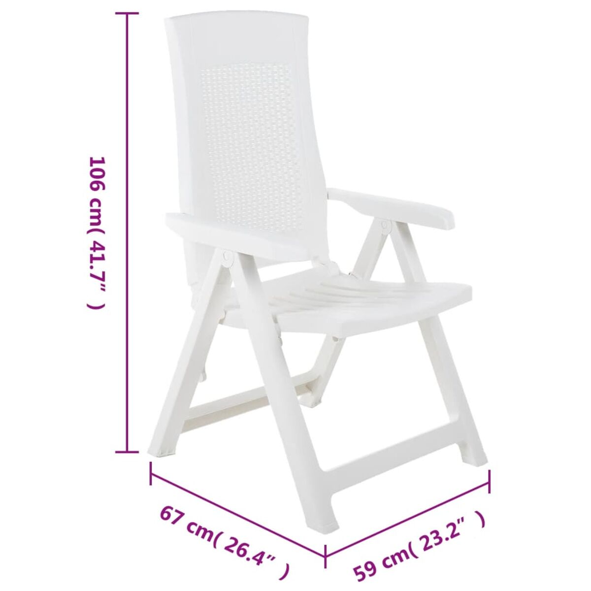 Weißer Klappstuhl mit Maßen. Höhe: 106 cm, Breite: 67 cm, Länge: 59 cm.