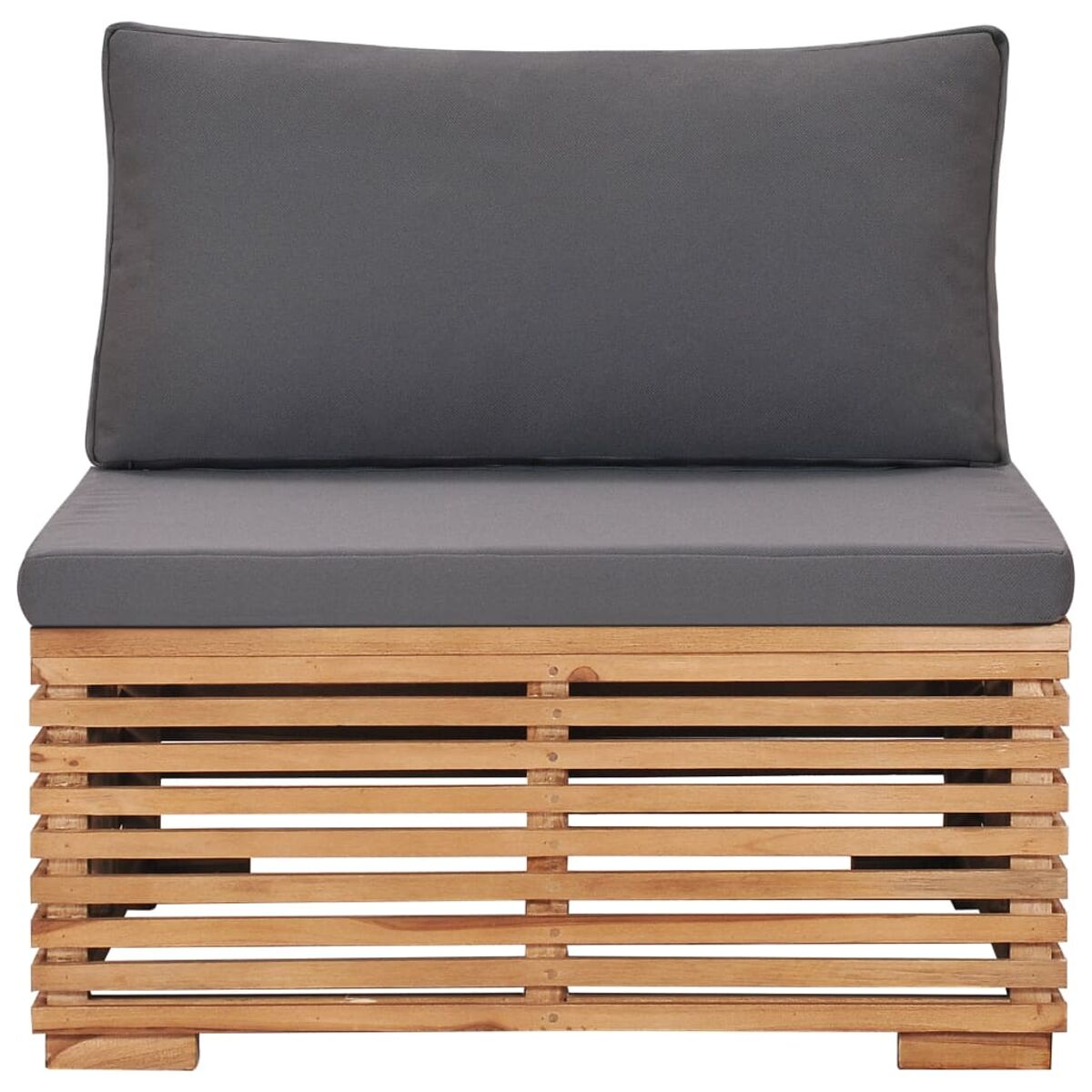 Ein hölzernes Outdoor-Sofa mit grauem Kissen und Rückenlehne.