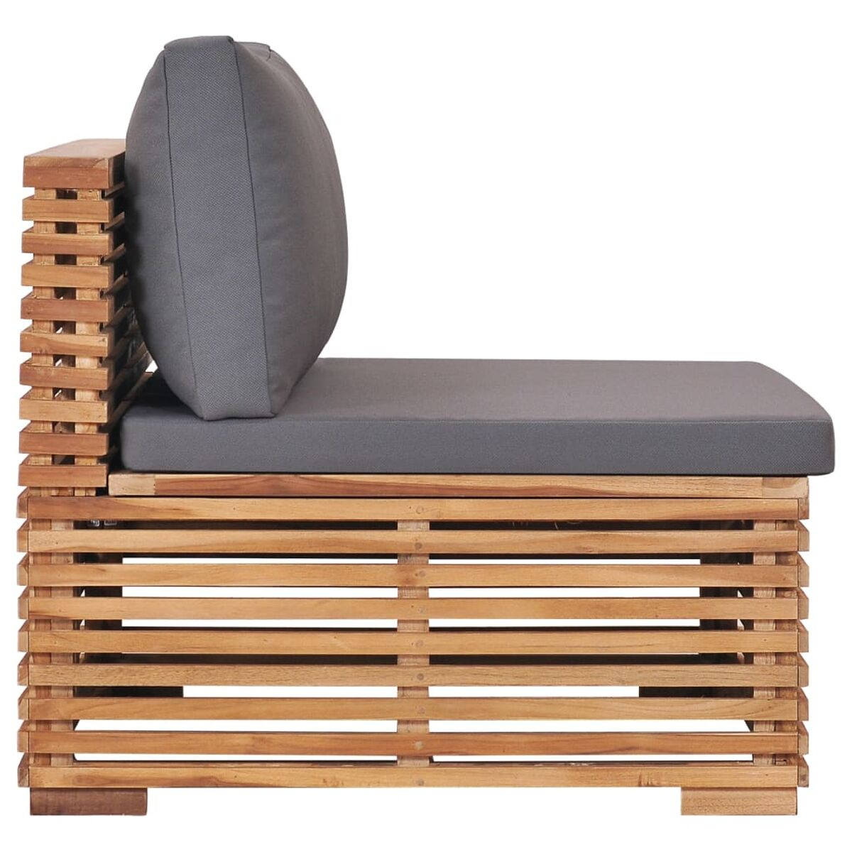 Outdoor-Holzsofa mit grauem Kissen. Lamellendesign mit abgewinkelter Rückenlehne.