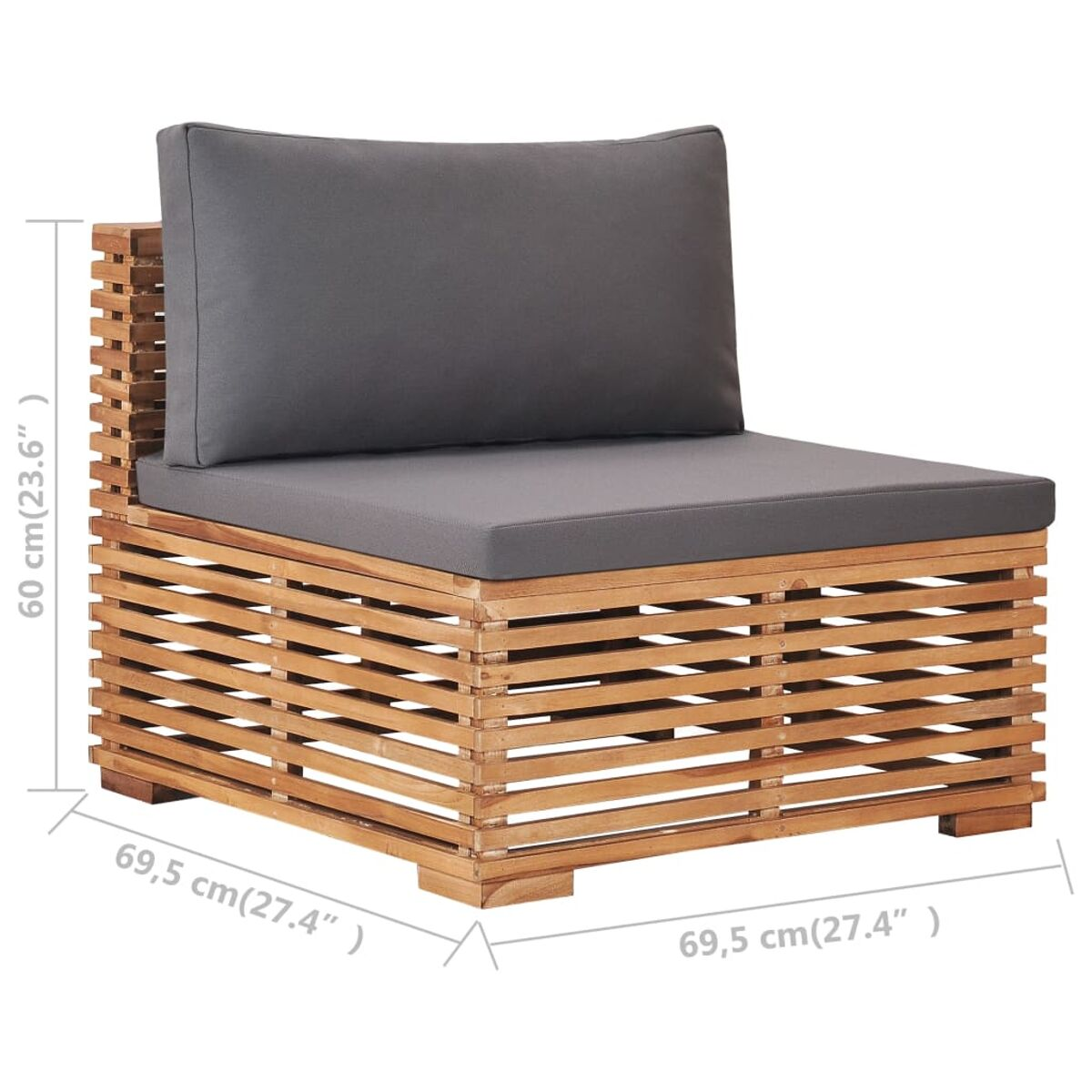 Outdoor-Sofa aus Holz mit grauem Kissen, Maße sichtbar.