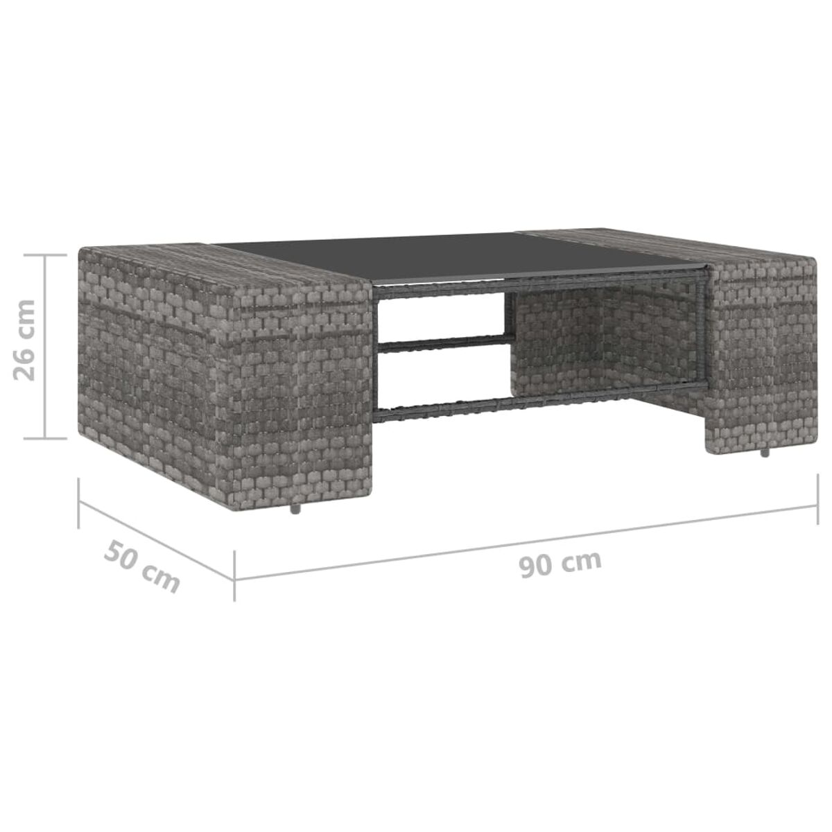 Ein grauer Couchtisch aus Rattan mit einer schwarzen Glasplatte. Maße sind im Bild angegeben.