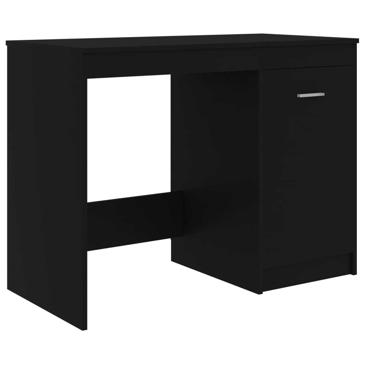 Schwarzer Schreibtisch mit Schrank und Schublade. Einfaches Design.