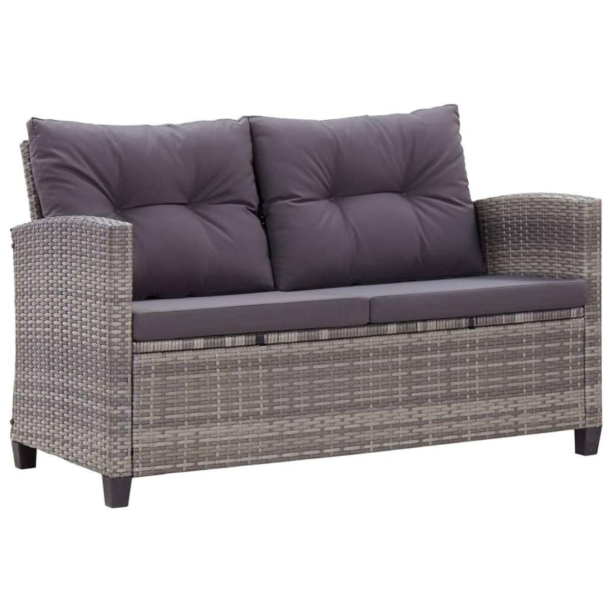 Graues, gewebtes Outdoor-Sofa mit grauen Kissen, Seite und Rücken zeigend.