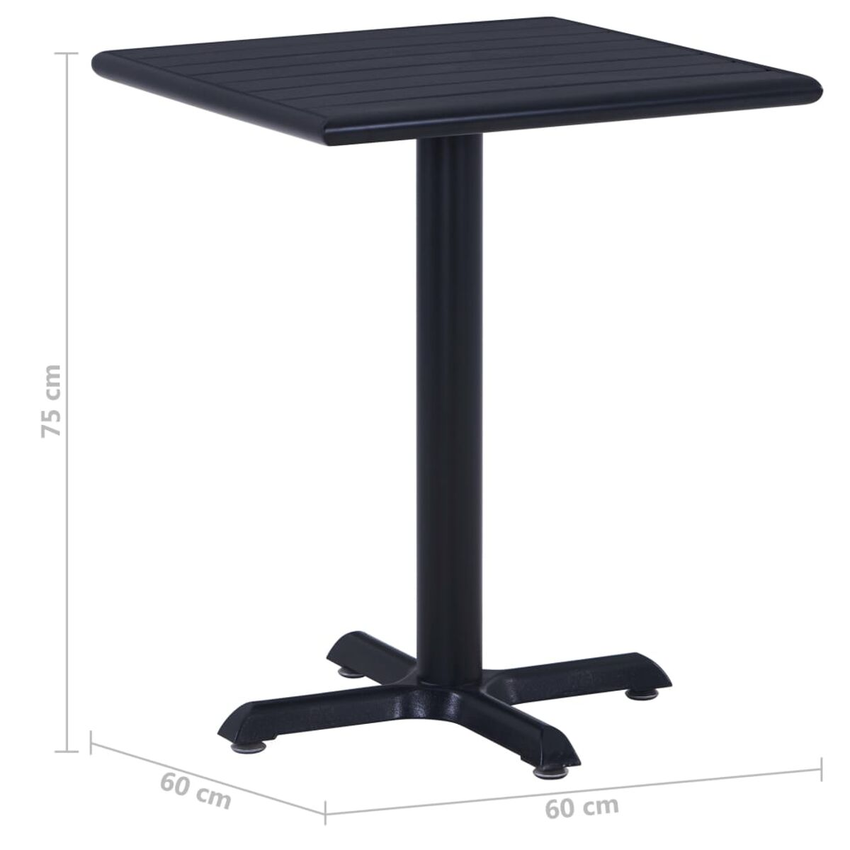 Schwarzer quadratischer Tisch, Maße in cm, Viersternfuß.
