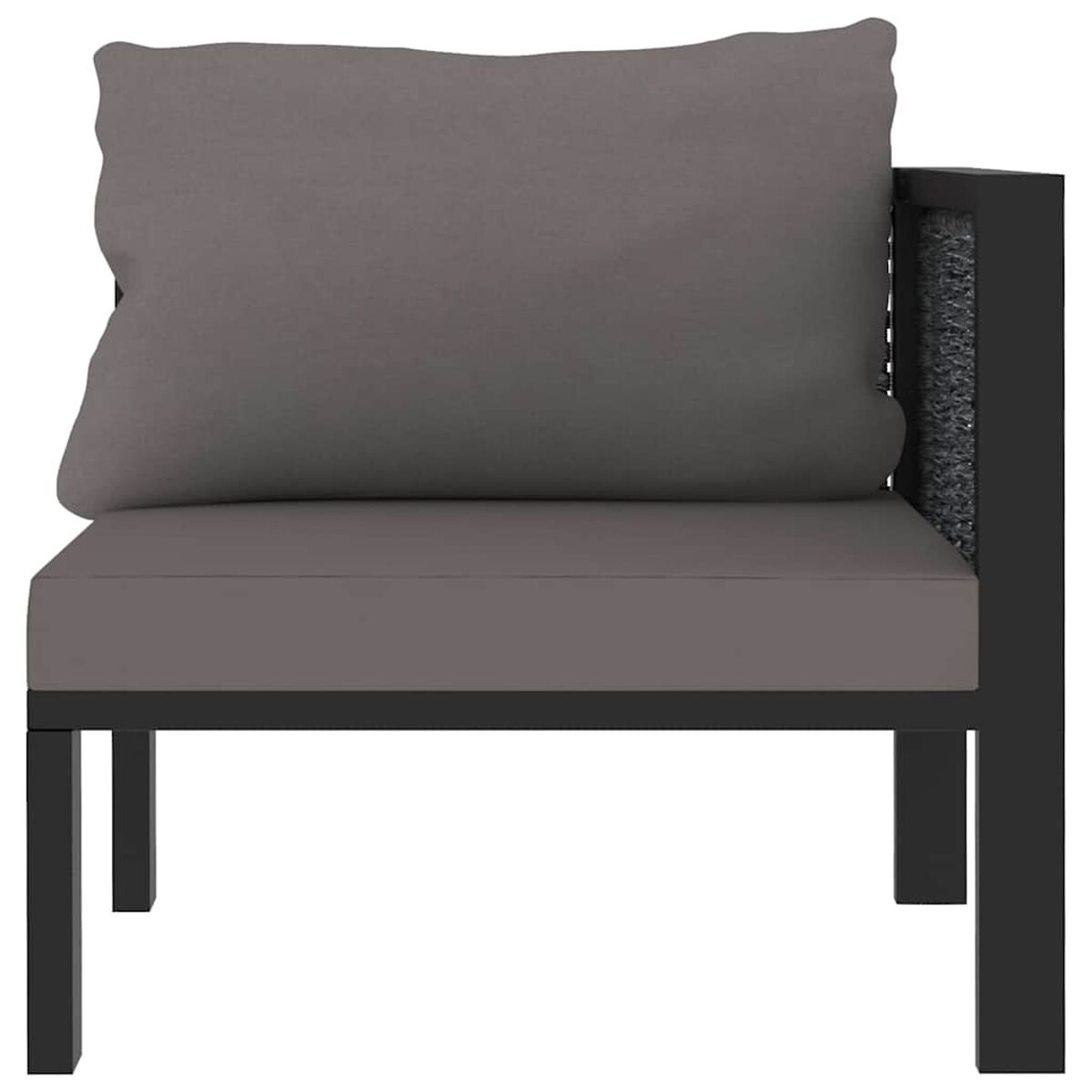 Graues Ecksofa mit Kissen. Schwarzer Rahmen, graues Kissen und Sitz.