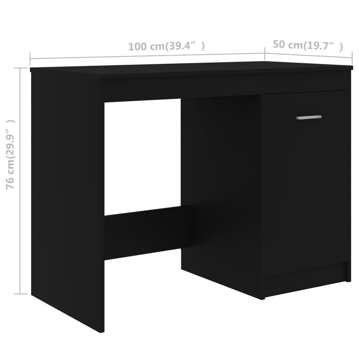Schwarzer Schreibtisch mit Schublade, Maße 100cm x 76cm x 50cm, auf weißem Hintergrund.