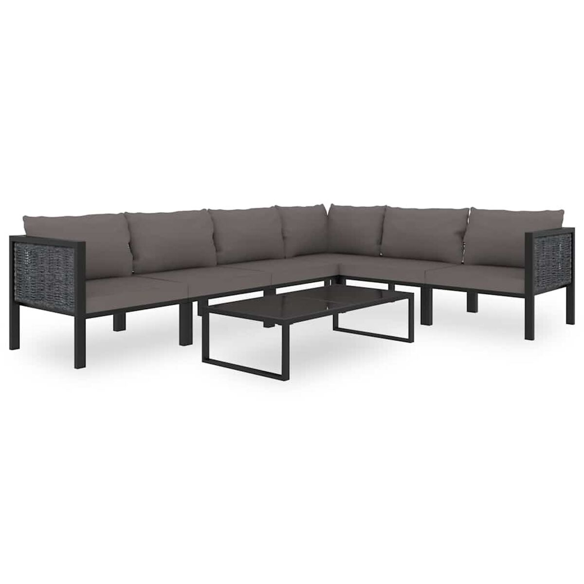 Dunkelgraues Outdoor-Sofaset mit Kissen und einem Tisch.