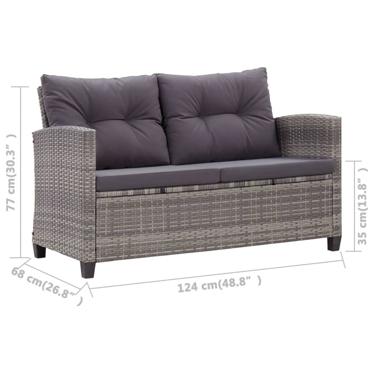 Ein graues Korbmöbel-Sofa mit zwei Kissen, Abmessungen sind angegeben.