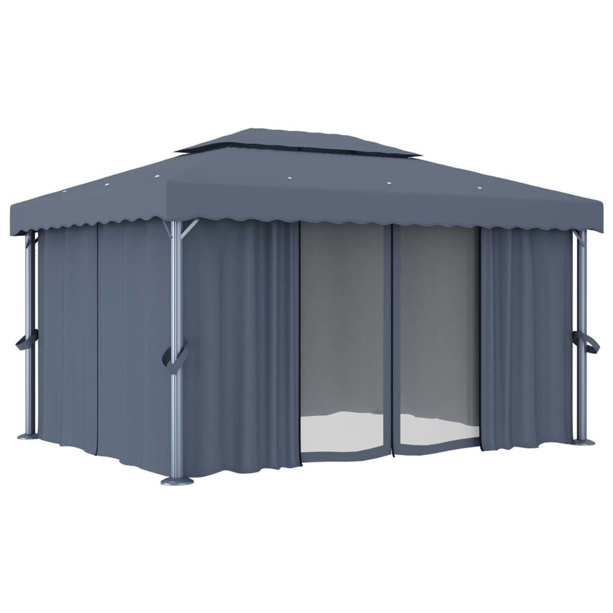 Grauer Pavillon mit Vorhängen und Fenstern. Das Dach hat ein mehrschichtiges Design.