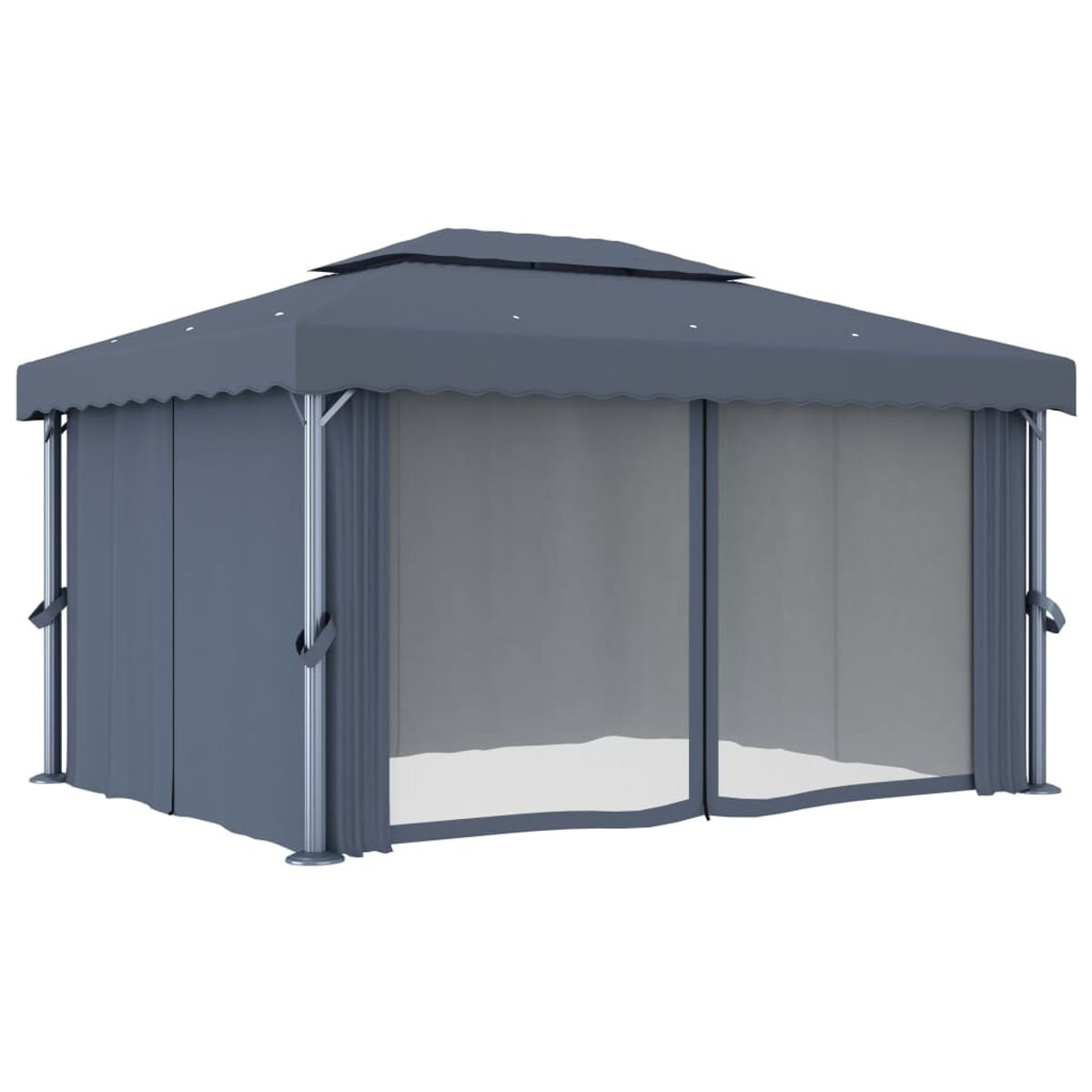 Ein grauer Pavillon mit grauem Dach, grauen Vorhängen und silbernen Stangen, vor weißem Hintergrund.