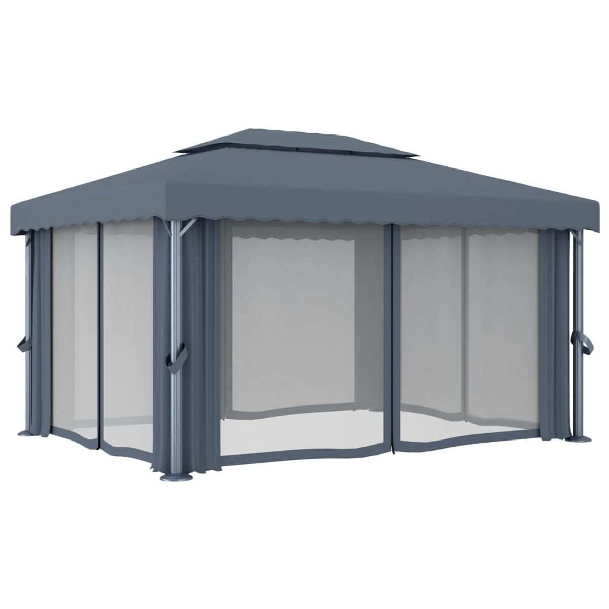 Grauer Outdoor-Pavillon. Der Pavillon hat Vorhänge und ein strukturiertes Dach. Weißer Hintergrund.
