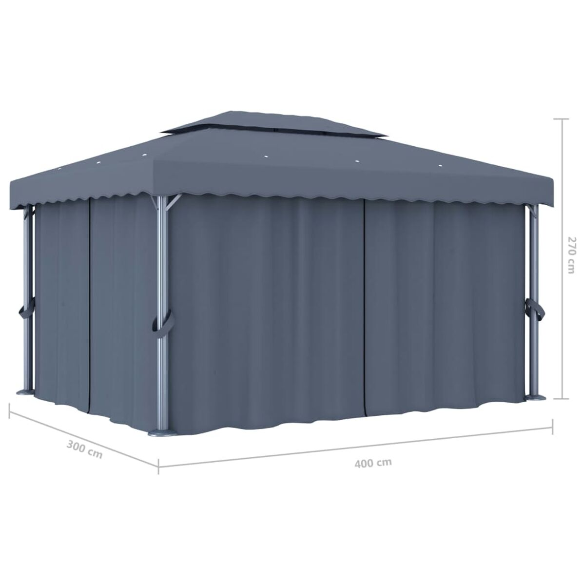 Pavillon mit grauen Vorhängen und Dach, Maße an den Seiten. Weißer Hintergrund.