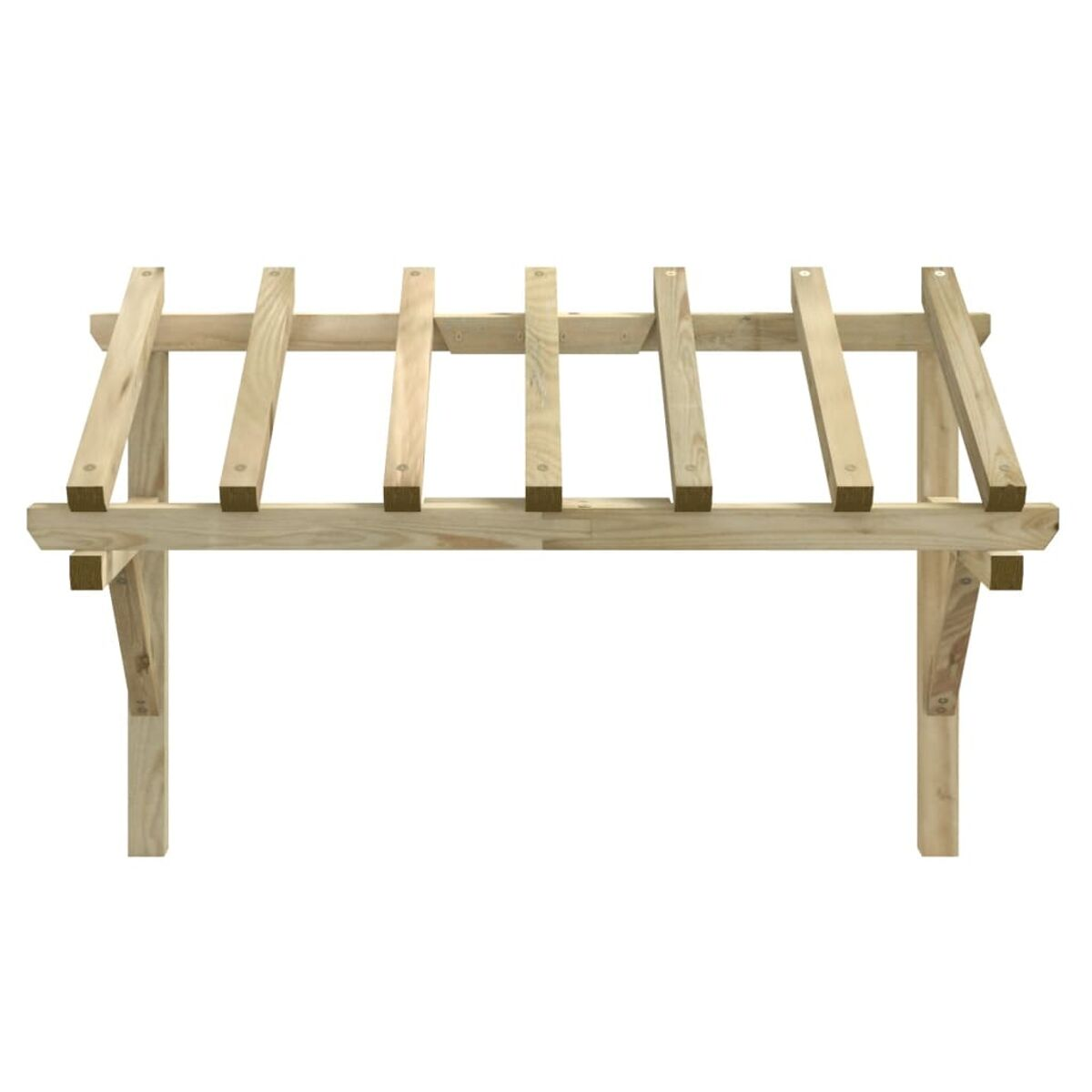 Holz-Pergola-Rahmen mit Balken und Stützen, helle Holzfarbe, weißer Hintergrund.