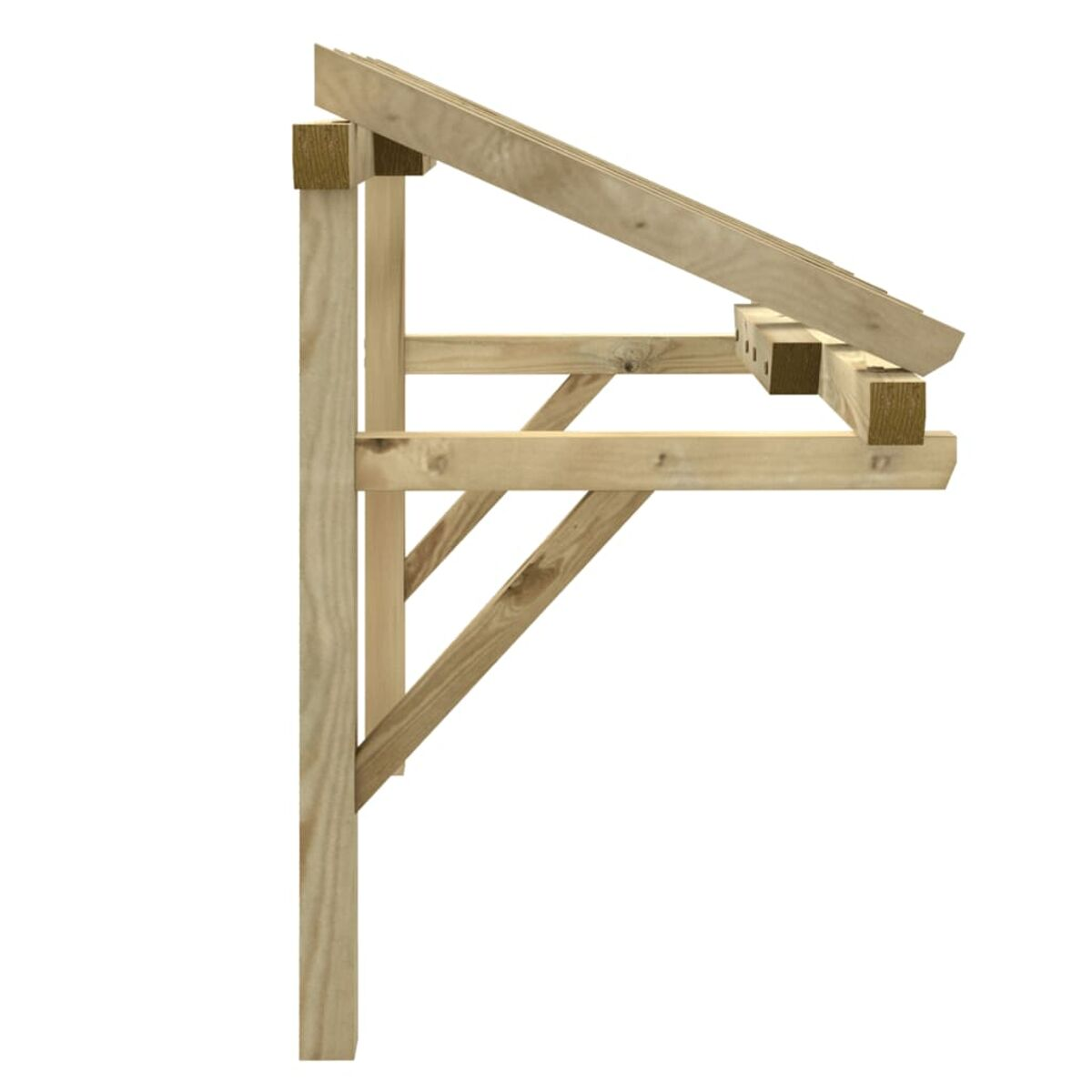 Holzkonstruktion mit abgewinkeltem Dach, Seitenansicht.