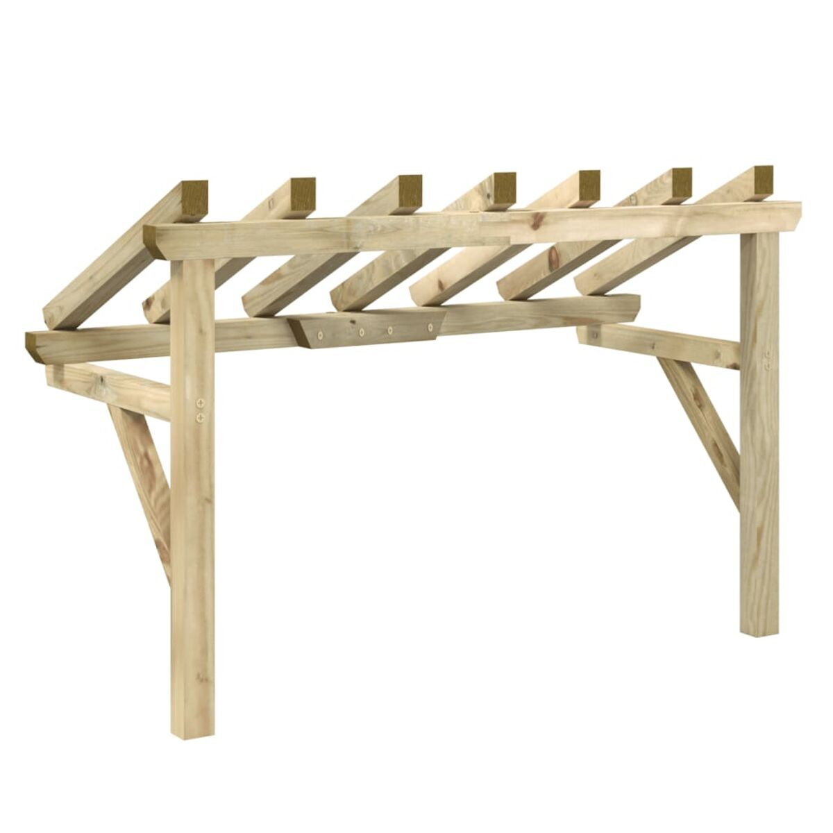Holzpergola mit schrägen Balken. Es hat ein einfaches, offenes Design.