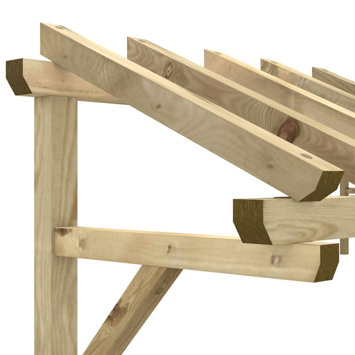 Holzpergola-Rahmen. Balken sind hellbraun. Der Hintergrund ist weiß.