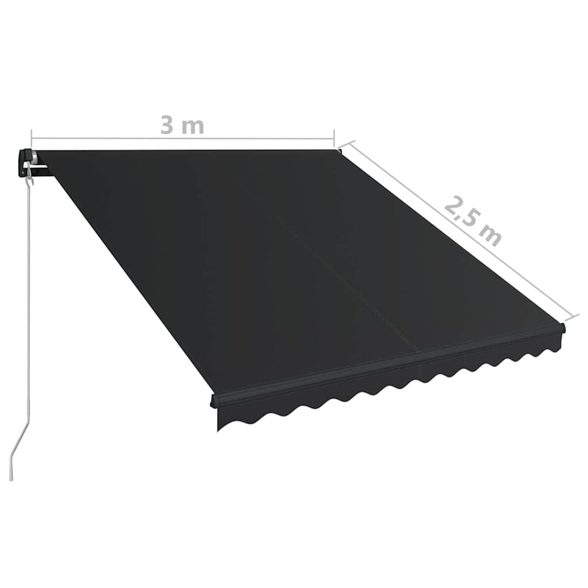 Eine schwarze Markise mit gewelltem Rand, Abmessungen 3m x 2,5m.