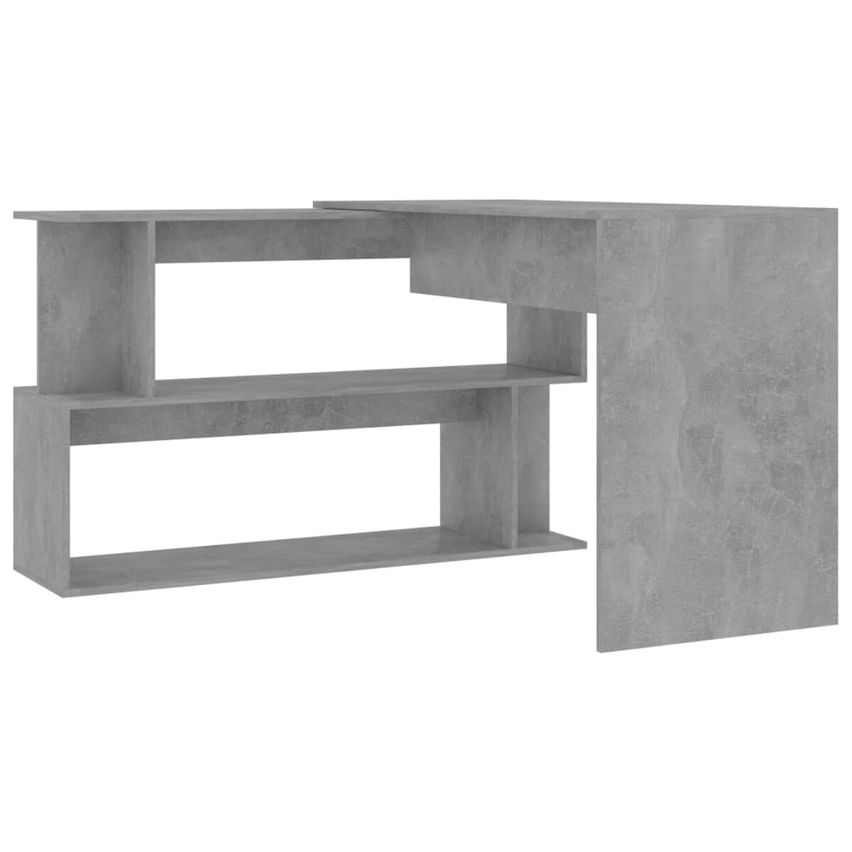Grauer Schreibtisch im Beton-Look mit Regalen. Die Regale sind offen. Weißer Hintergrund.