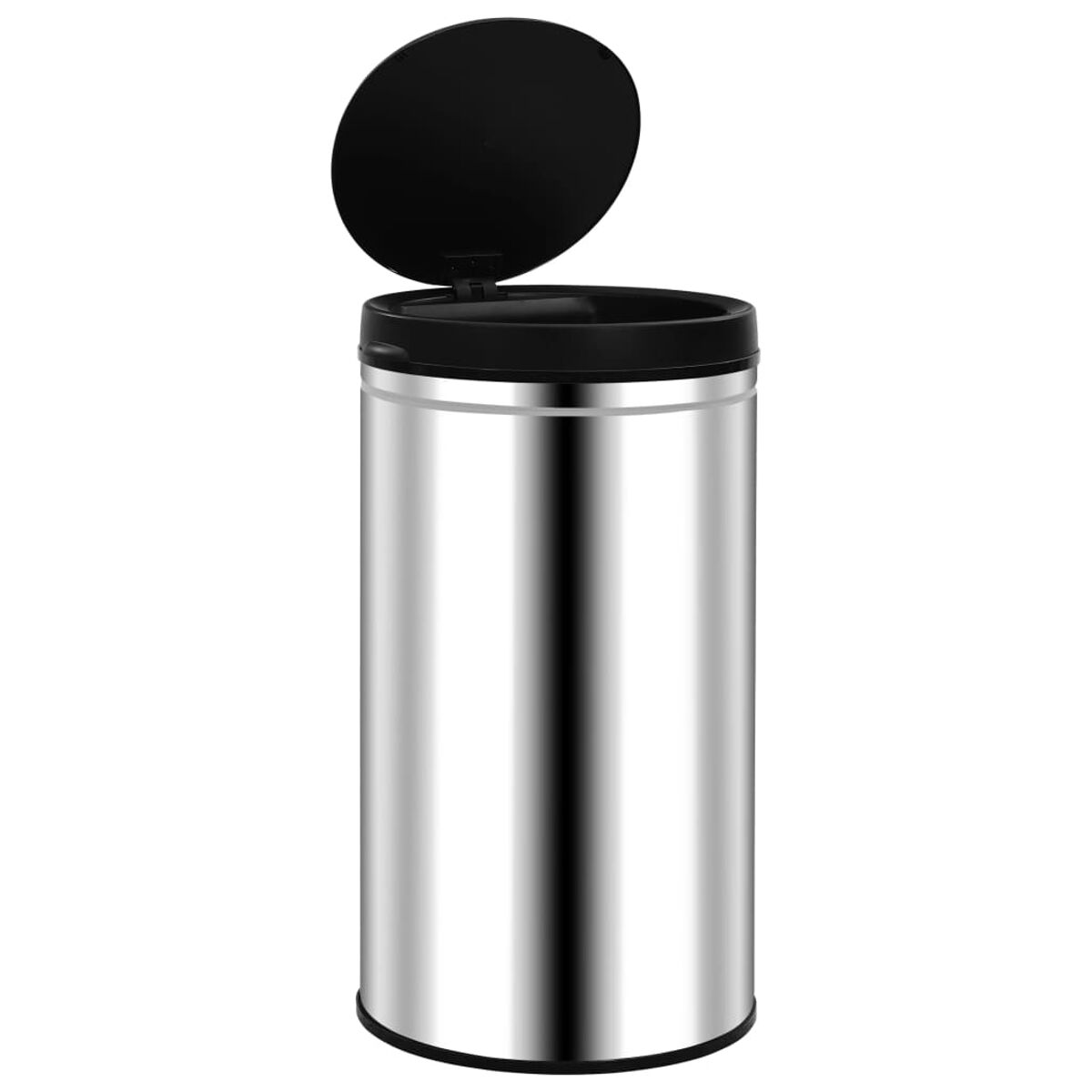 Ein Mülleimer aus Edelstahl mit geöffnetem schwarzem Deckel.
