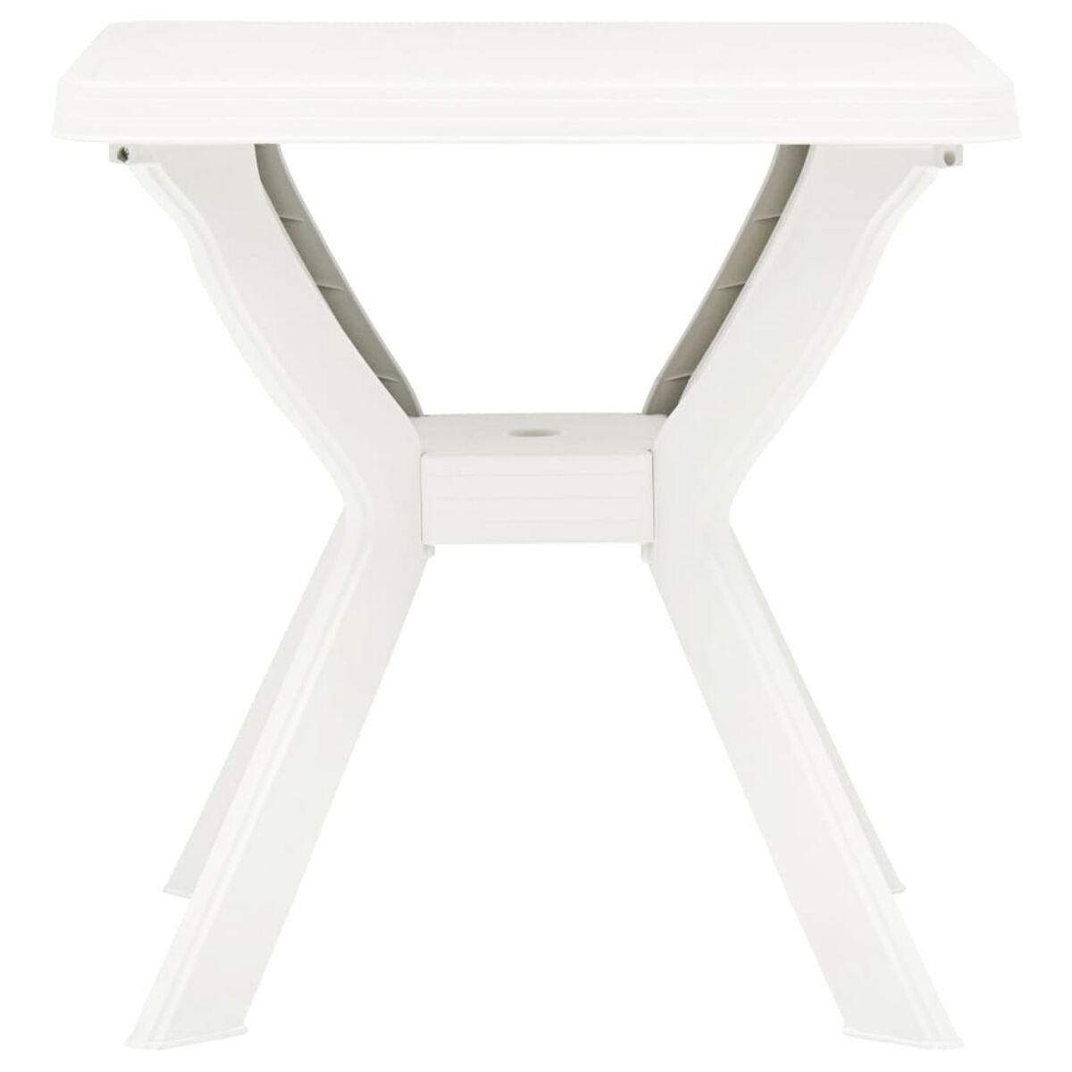 Weißer Kunststofftisch mit X-förmigem Untergestell. Abgewinkelte Beine. Sauberes, schlichtes Design.