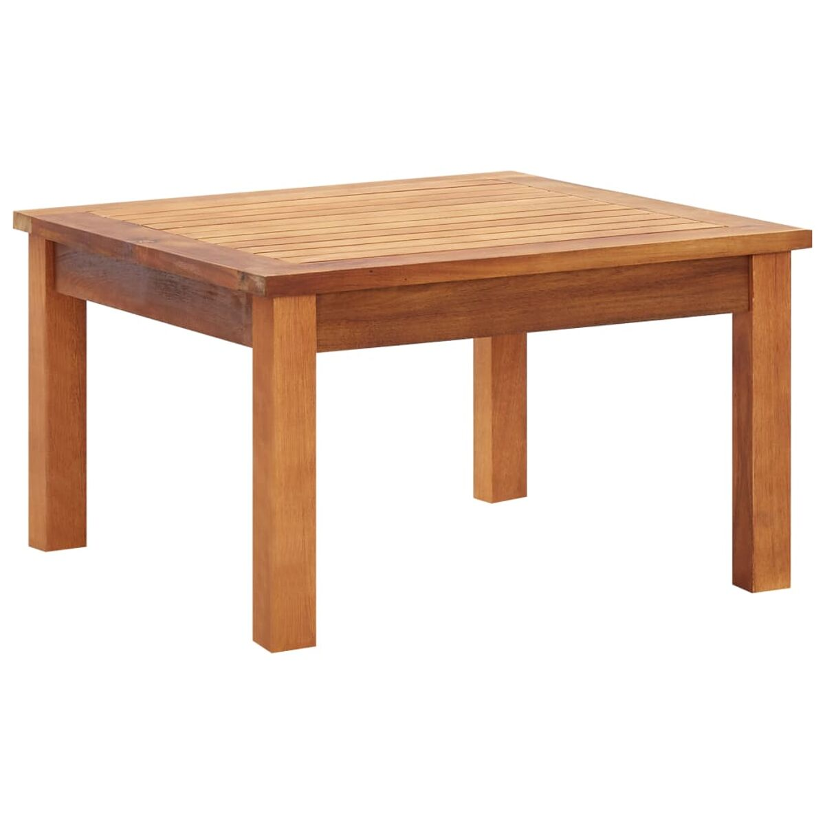 Ein quadratischer brauner Couchtisch aus Holz mit Lamellenplatte, vor weißem Hintergrund.