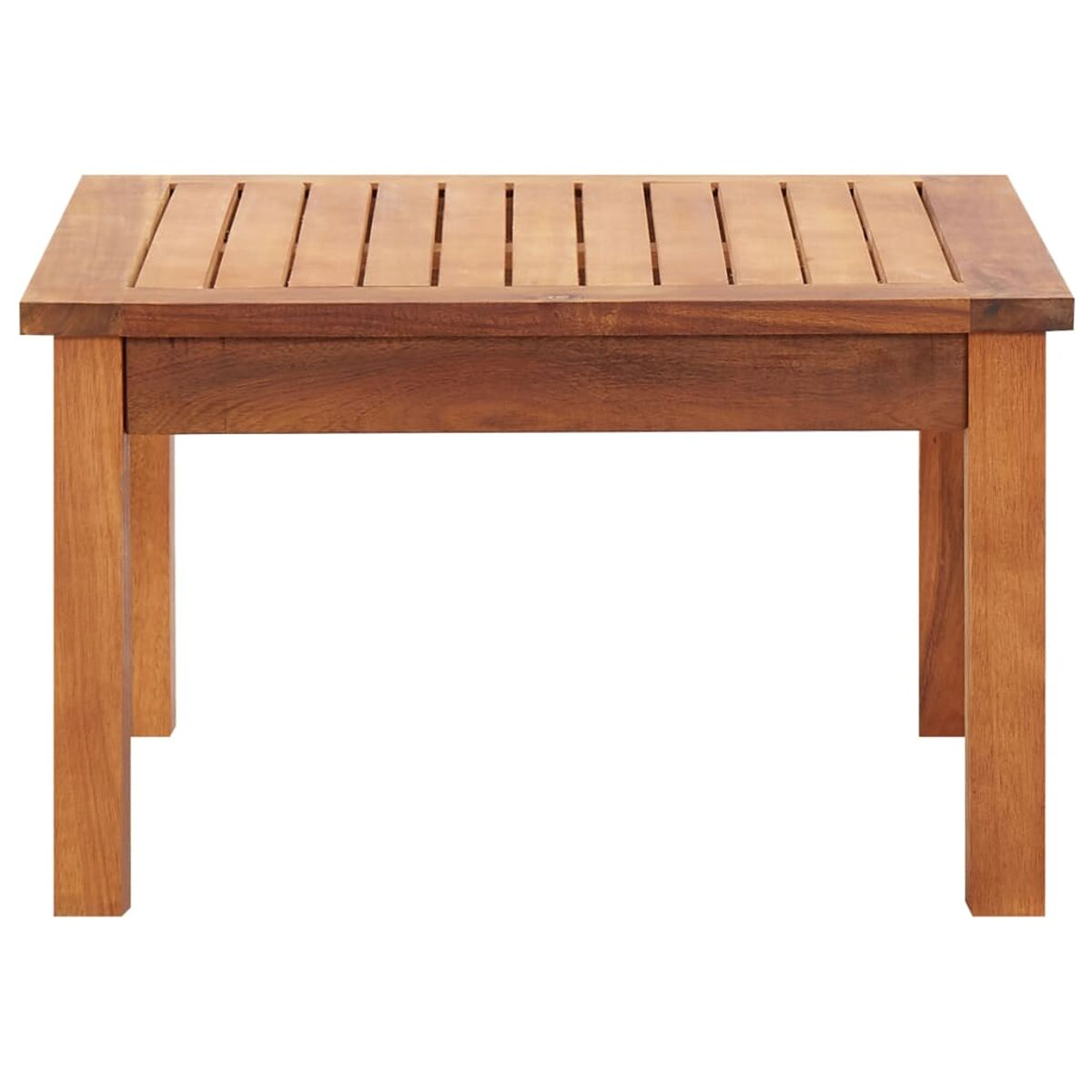 Ein kleiner quadratischer Holztisch mit Lamellenplatte, vier Beinen, braune Farbe.