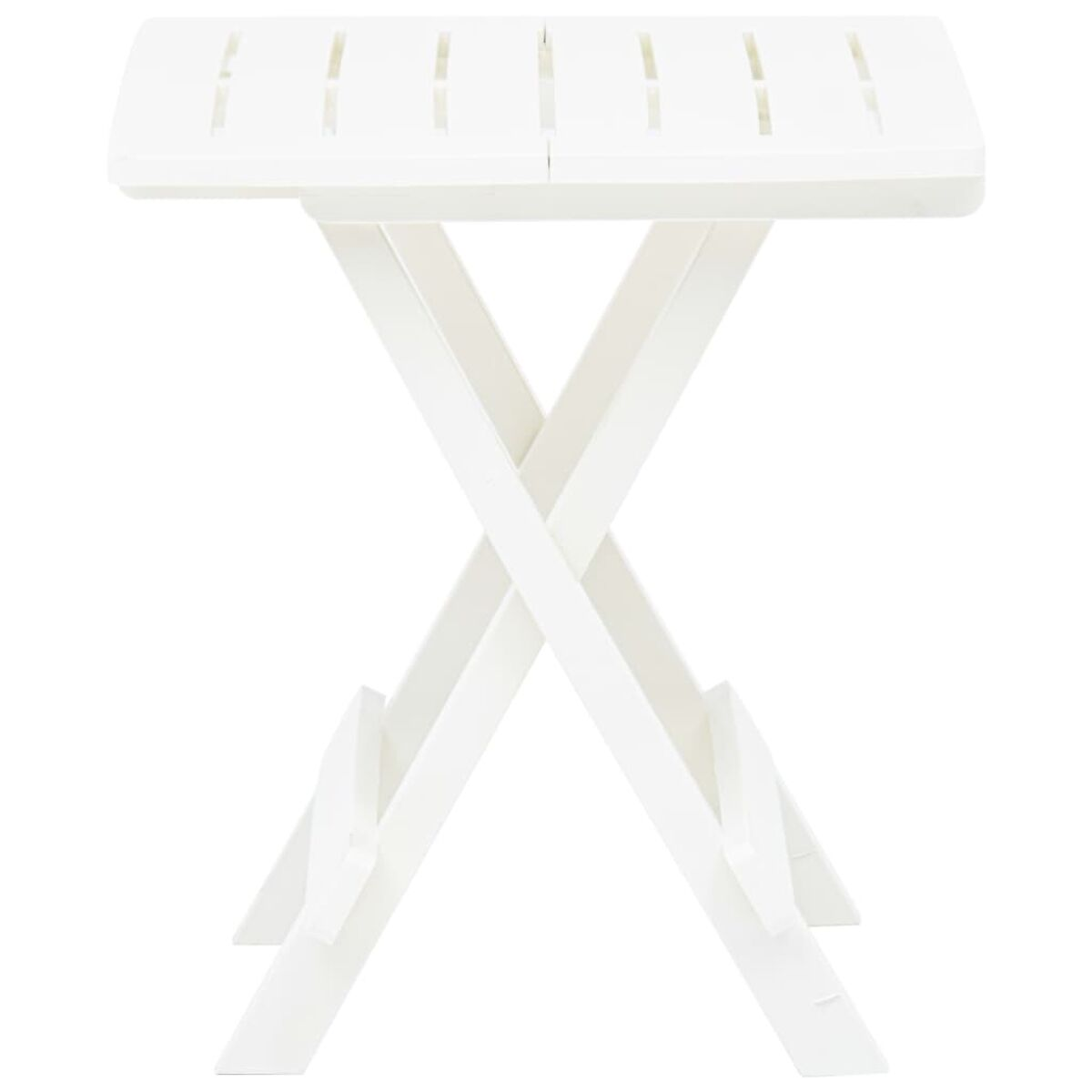 Kleiner, weißer, klappbarer Holztisch mit kreuzförmigem Fuß. Weißer Hintergrund.