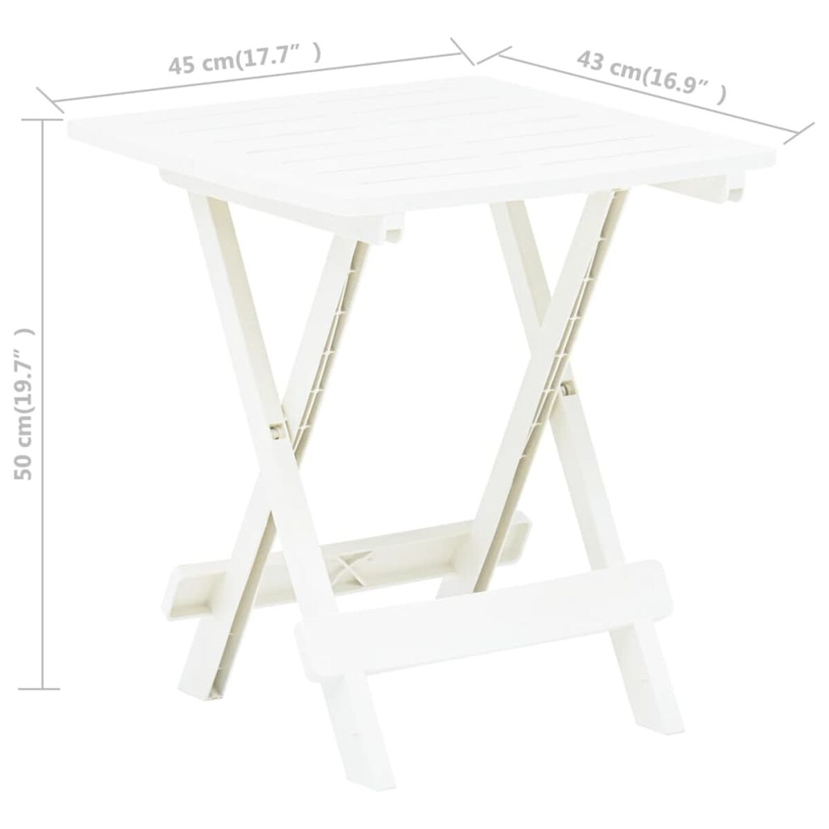 Weißer Klapptisch mit Abmessungen. Weißer Hintergrund. Der Tisch ist offen.