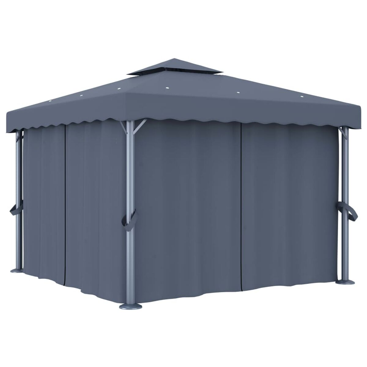 Ein grauer Pavillon mit Vorhängen und spitzem Dach, auf weißem Grund.