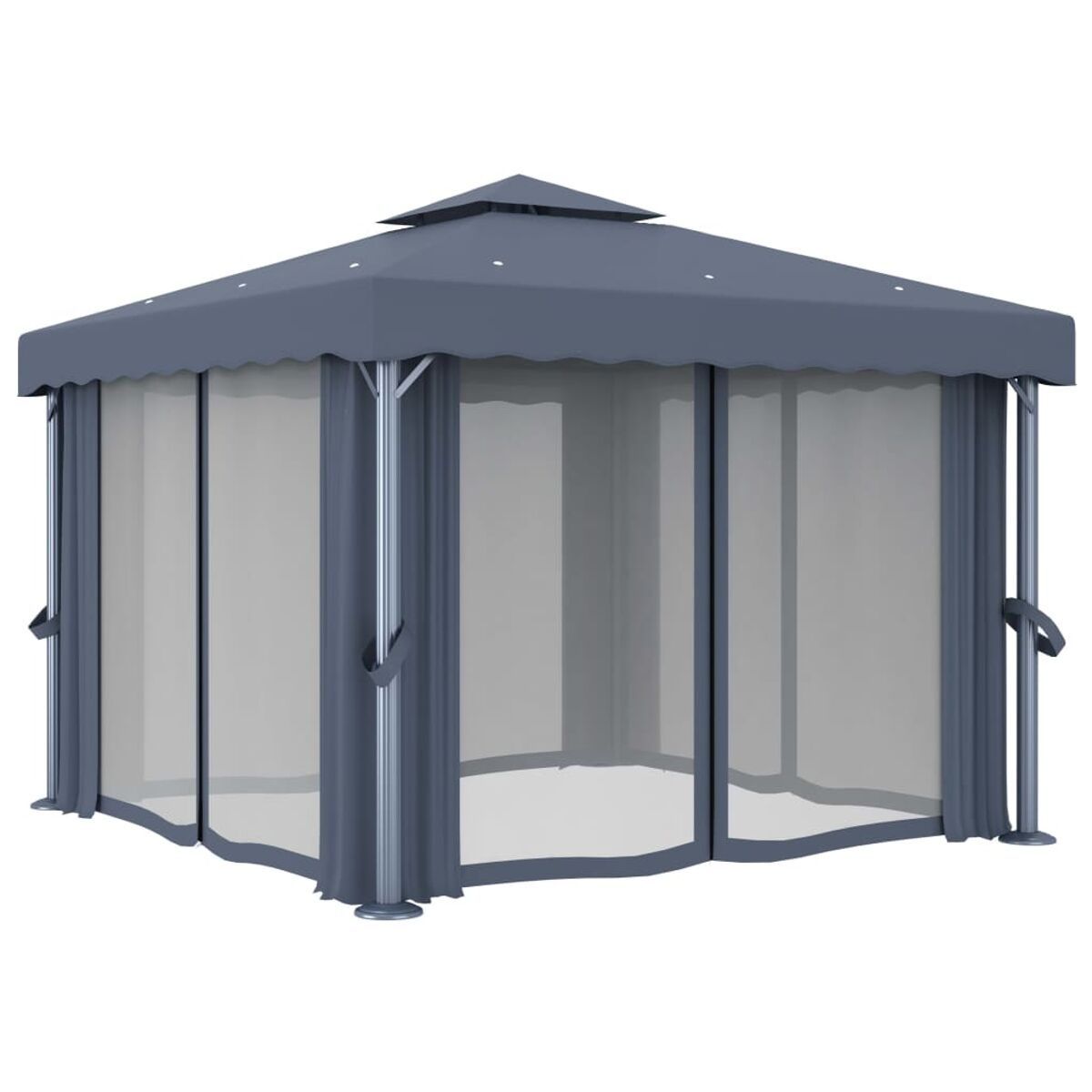 Grauer Pavillon mit transparenten Vorhängen auf weißem Hintergrund.