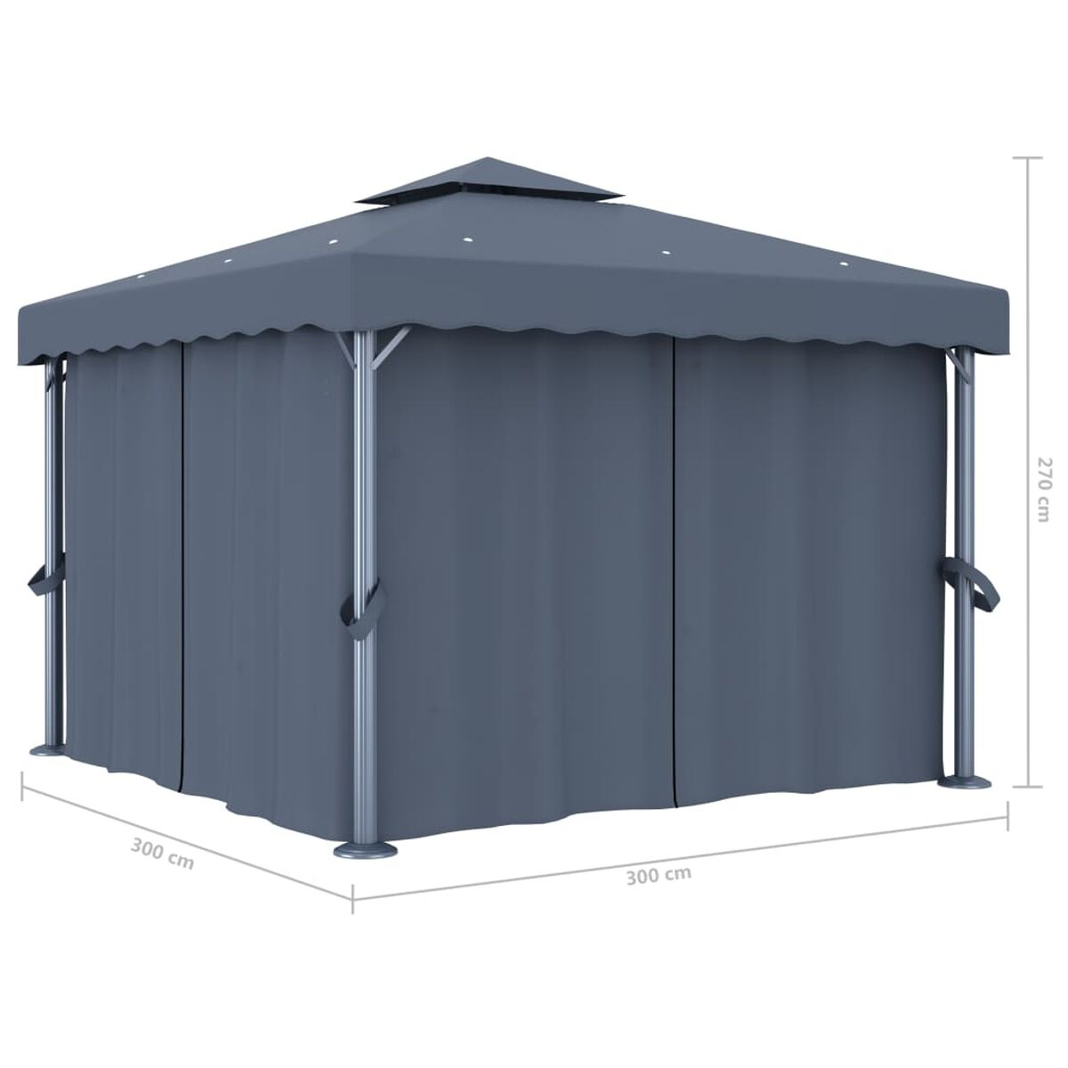 Grauer Pavillon mit Vorhängen und beschrifteten Abmessungen.