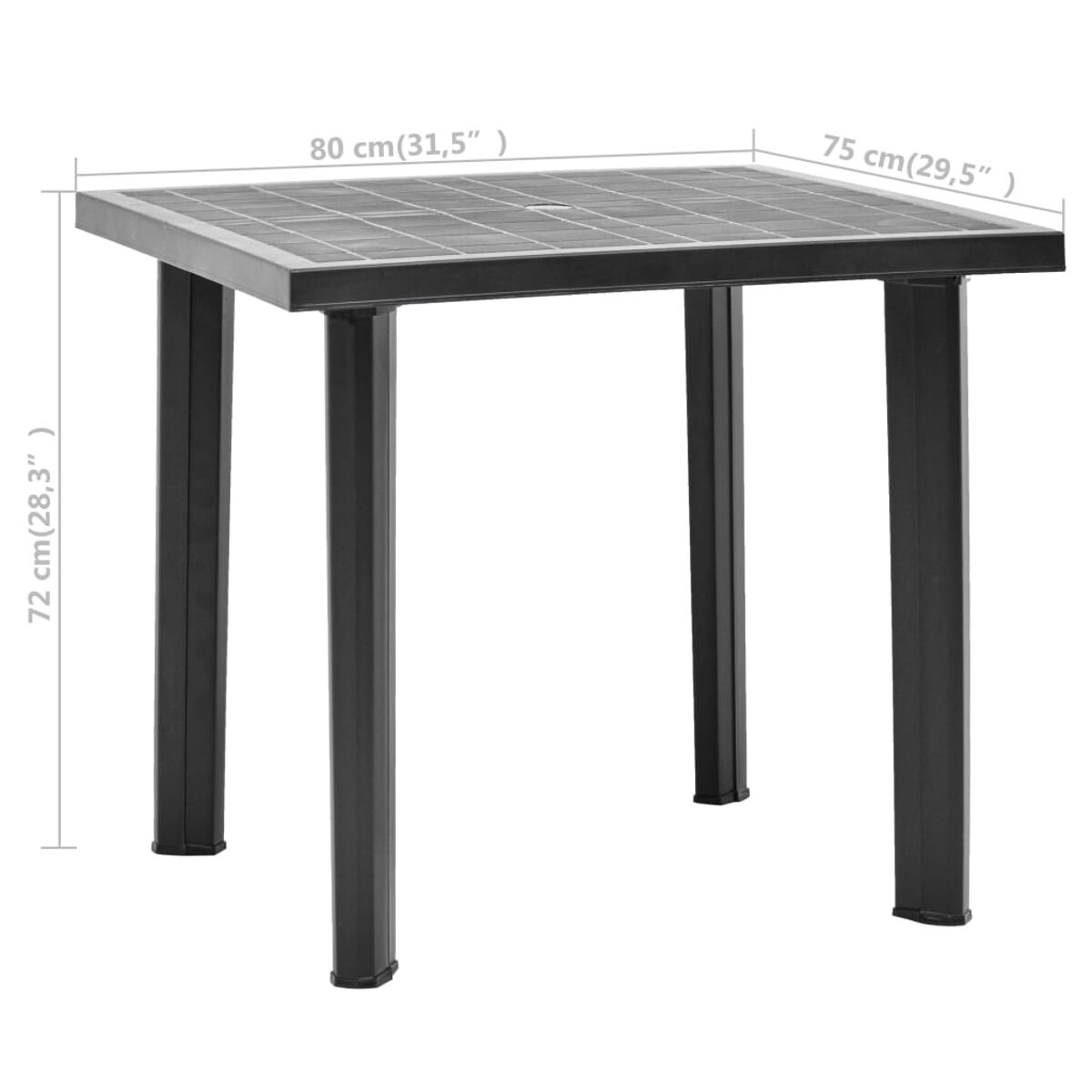 Quadratischer schwarzer Tisch mit Maßen 80x75x72 cm. Vier Beine, dunkle Platte.